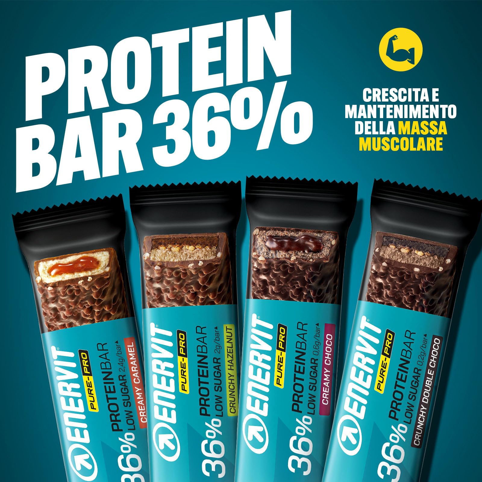 Enervit Pure-Pro Protein Bar 36% Hazelnut, Barrette Proteiche con Copertura Croccante, 20g di Proteine, Carica Proteica Post Allenamento, Senza Glutine e Senza Zucchero, 25 Barrette da 55g