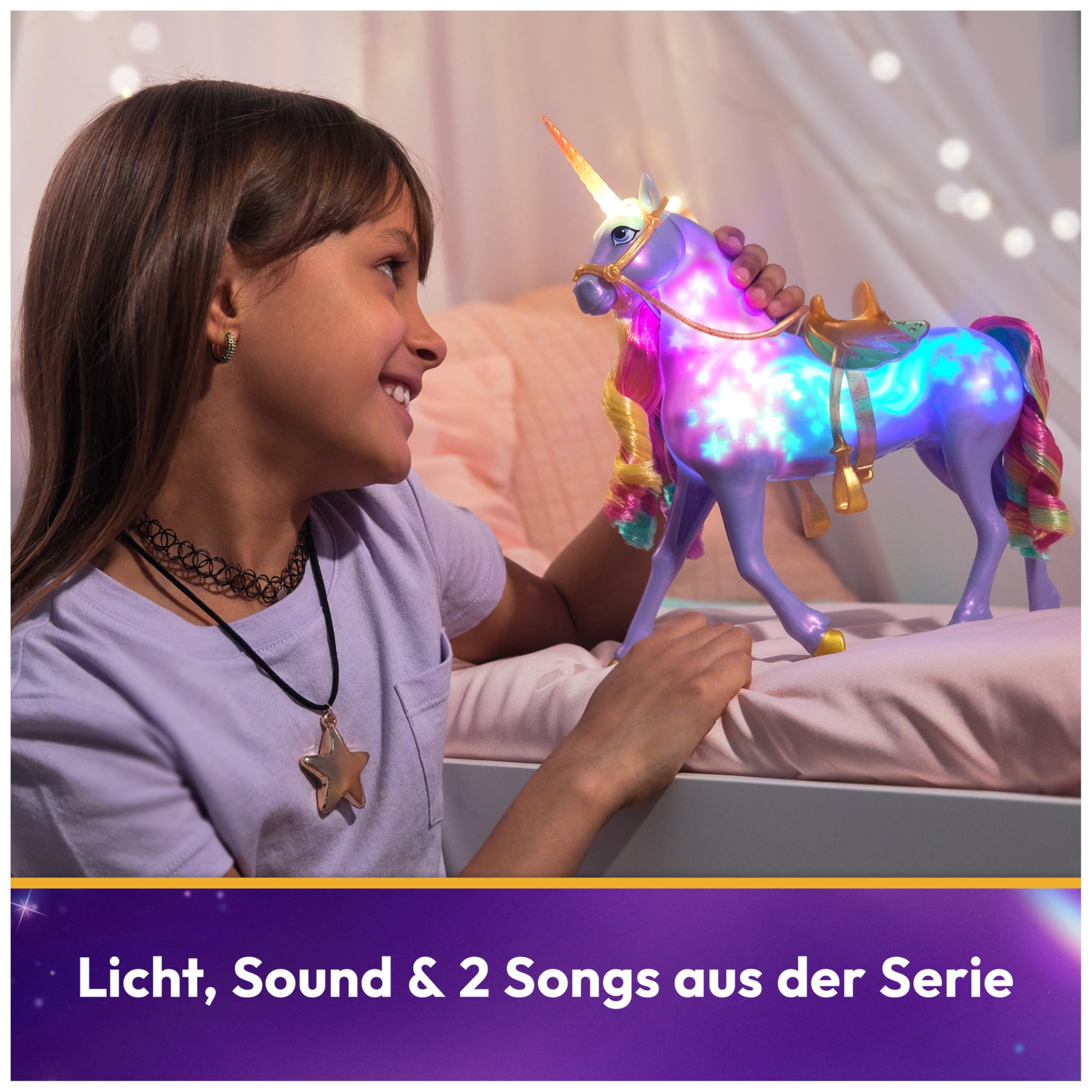 Unicorn Academy - Sophia und Licht-Magie Wildstar Deluxe Set, 28 cm Einhorn mit Lichteffekten und Musik, 24 cm Ankleidepuppe, passend zur Netflix Serie, ab 4 Jahren