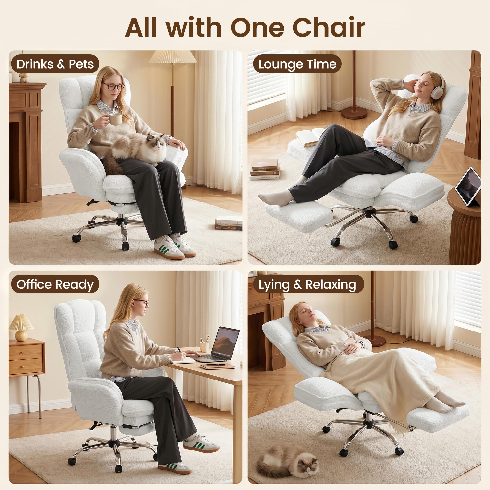 Hawthyhome Ergonomischer Bürostuhl 135° Teddy Drehstuhl mit Fußstütze,Weiß | bis 180kg, Fußstütze, klappbare Armlehnen, Teddy-Fleece, schreibtischstuhl für schneidersitz, Homeoffice