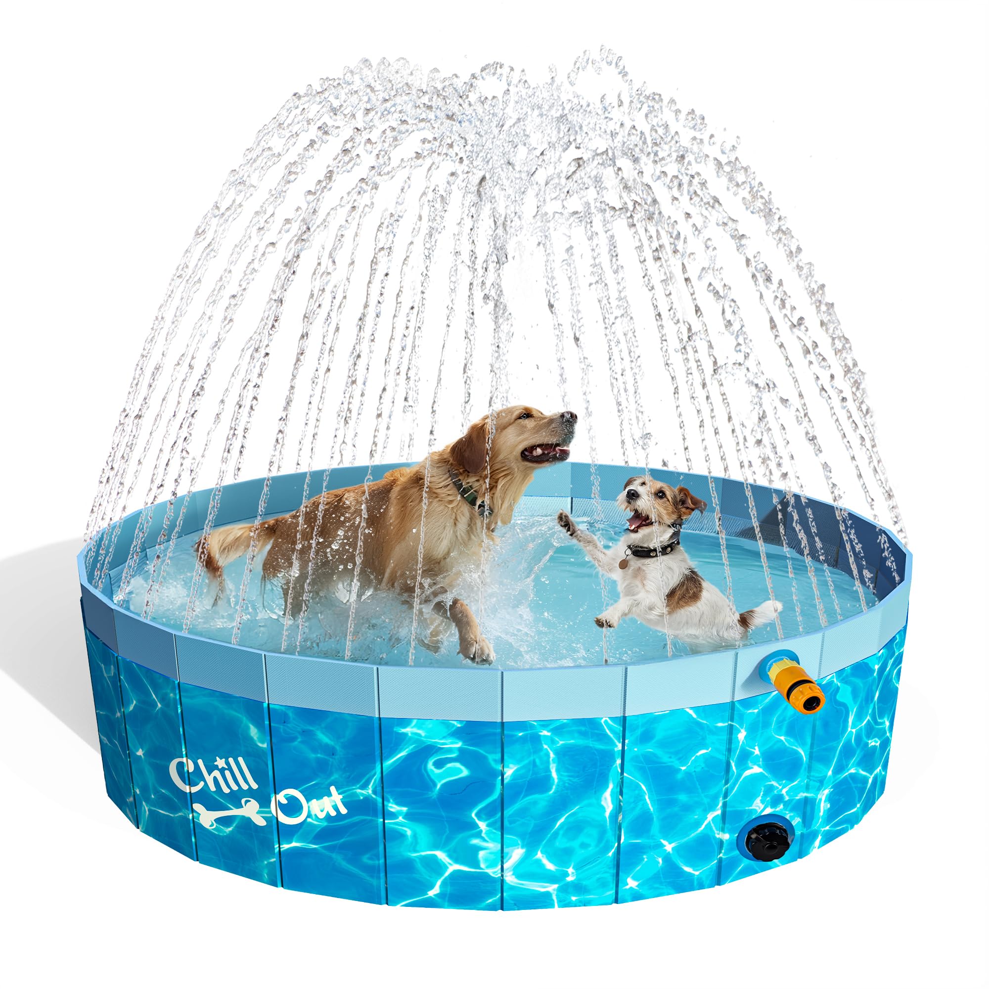 ALL FOR PAWS Dog Paddling Pool with Sprinkler, 2 in 1 Foldable Dog Pool Large Dog Swimming Pool Portable Non-Slip Pet Pool Outdoor for Summer Garden 160CM (L)