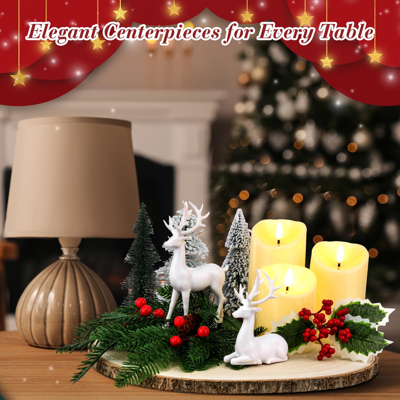 Lot de 14 tranches de bois de Noël pour tables - Décoration à faire soi-même - Dalles de bois naturel de 30,5 à 33 cm - Bougies - Branche de baies rouges - Mini arbres de Noël, rennes et