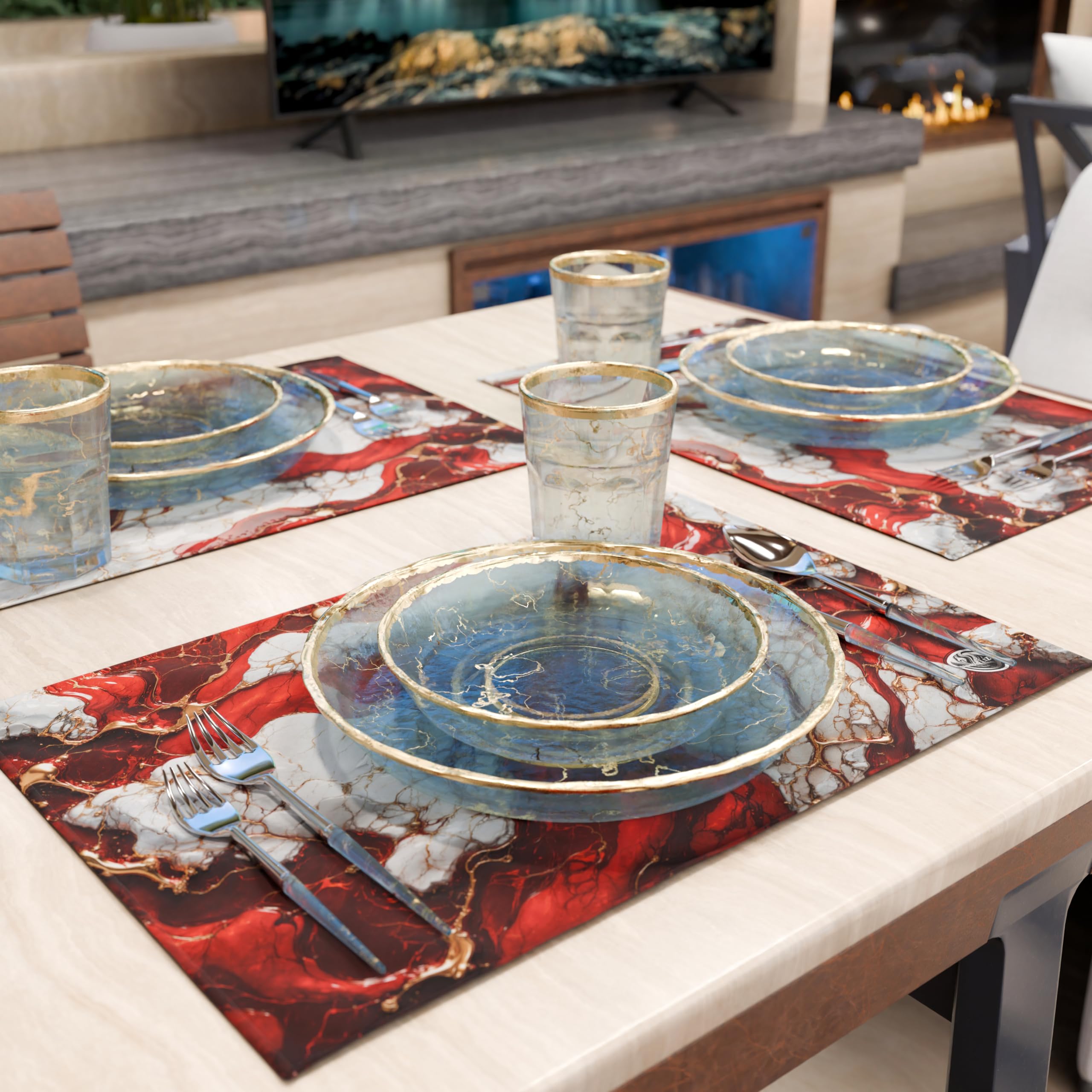 MARBLELIZED, Washable American Placemats, Red Marble Effect Fabric Placemats, Set of 2 (30 x 45 cm), Elegant - Image 2