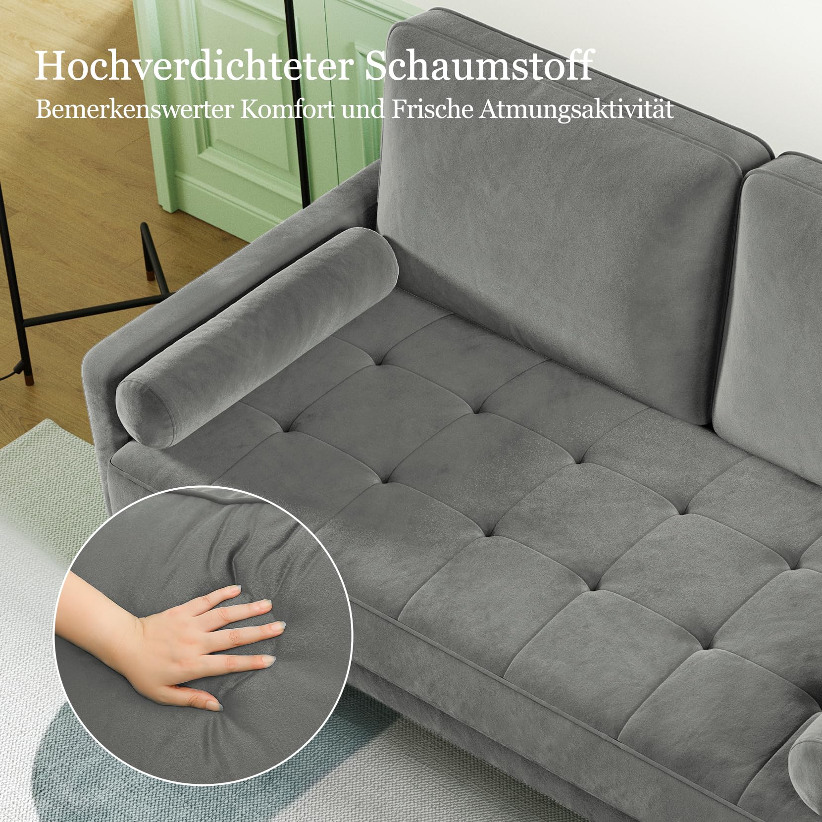 Vesgantti Couch 2 Sitzer, Samt Kleines Sofa mit 2 Wurfkissen, Modern Mini Sofa, Getuftetes Kleine Couch für Wohnzimmer/Schlafzimmer/Büro/Wohnung, 121x 77 x 87cm, Grau