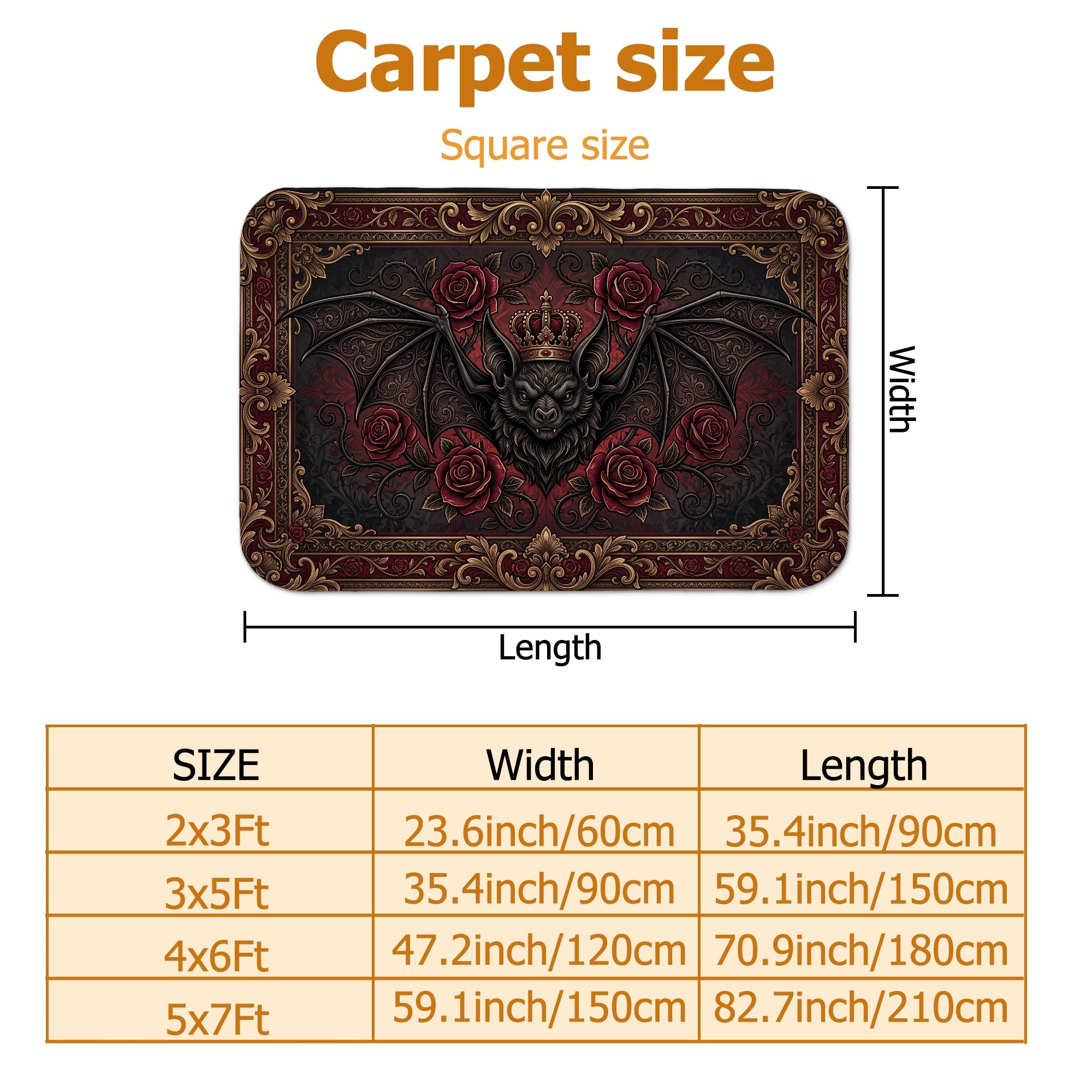 Fledermaus-Teppich, Gothic, viktorianische Rosen, königliches Halloween, schwarz, niedriger Flor, Schwammkante, Einfassung, rechteckig, Teppich für Wohnzimmer, Schlafzimmer, Flur, Büro, Dekoration