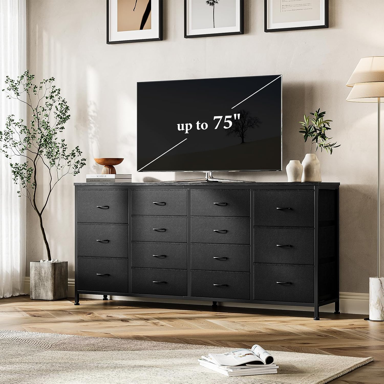 Patikuin 63 inch Black Dresser TV Stand in a living room with a large TV