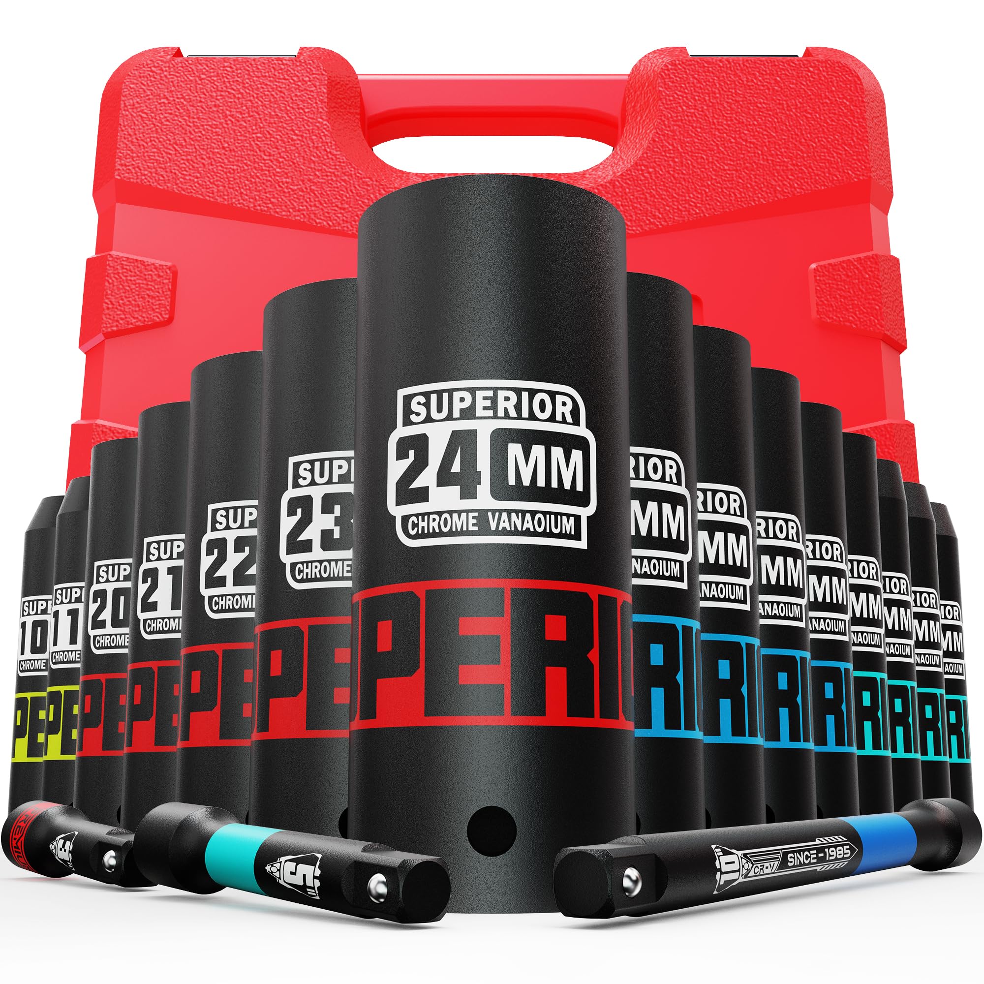 18 Piece 1/2” Drive Deep Impact Socket Set, 10mm - 24mm, with Extension Bars:3-inch, 5-inch, 10-inch, Metric, 6-Point, CR-V Steel, Automotive Maintenance, Machinery Manufacturing