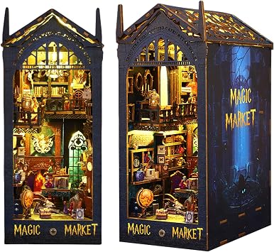 Kisoy Book Nook Kit, 3D Wooden Puzzle Booknook Build Bookshelf Decor, DIY Miniature House Kit for Adults and Teens, Mini House Arts & Craft Gifts for Family and Friends Magic Market