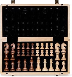 A&A 15" Magnetic Wooden Chess Set/Folding Board / 3" King Height German Knight Staunton Chess Pieces/2 Extra Queen