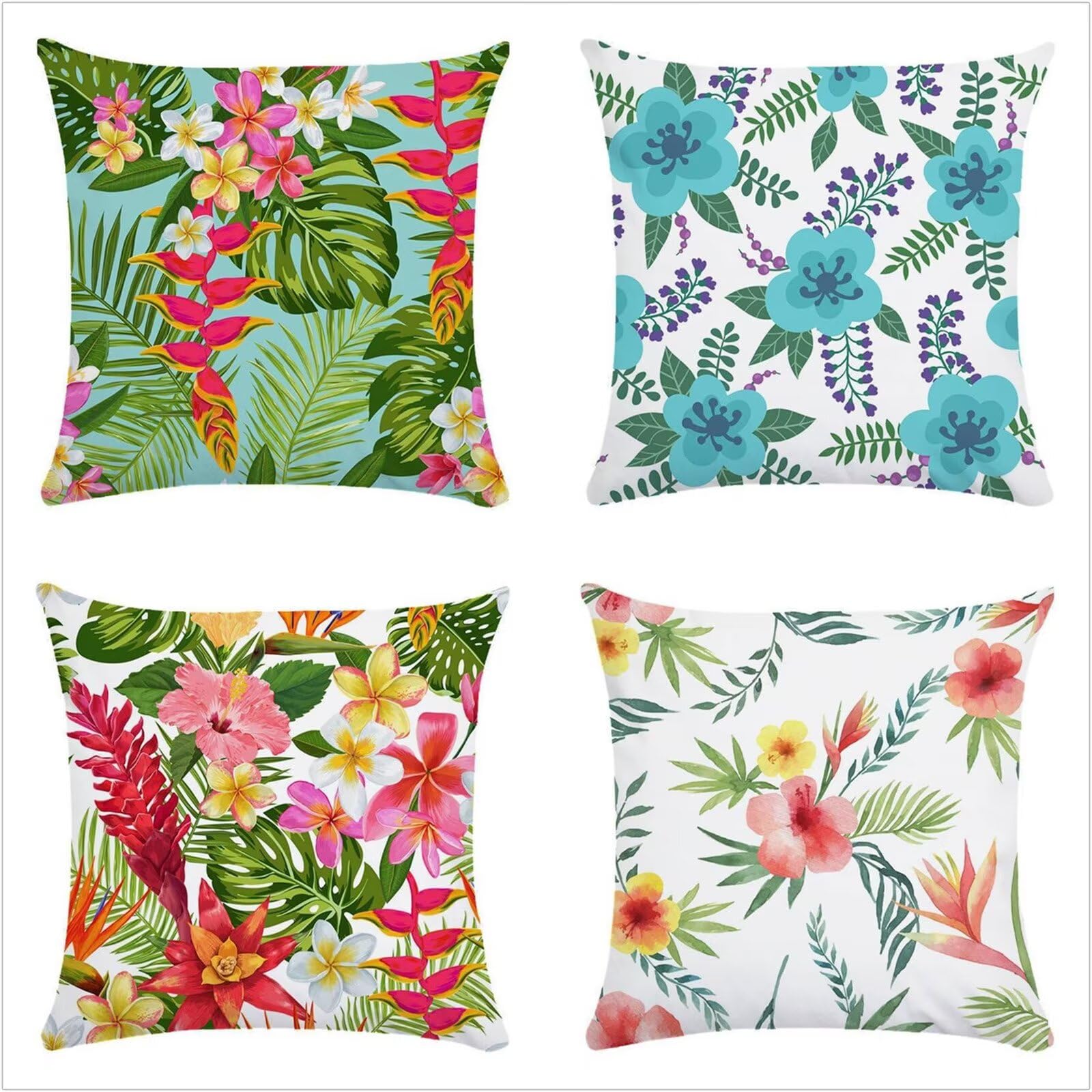 Juego de 4 Impermeable Funda de Cojín Plantas con flores tropicales,65x65cm Moderno Suave Transpirables Lino Fundas de Almohada Cojines Decor con Cremallera Oculta para Exterior Sofá Cama Coche Hogar