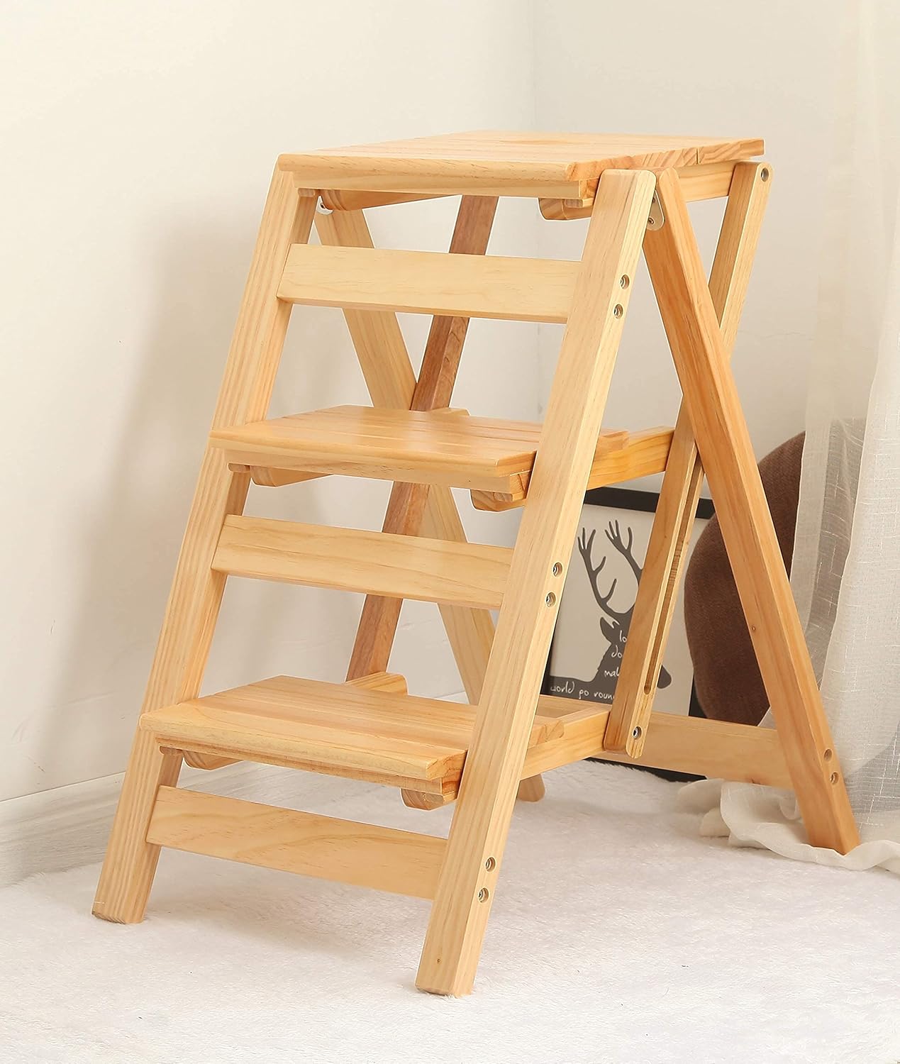 Folding Wood Stool Ladder Chair with Non Slip Tread for Home Office Kitchen Portable Dual Purpose Installation Free Climbing Stool