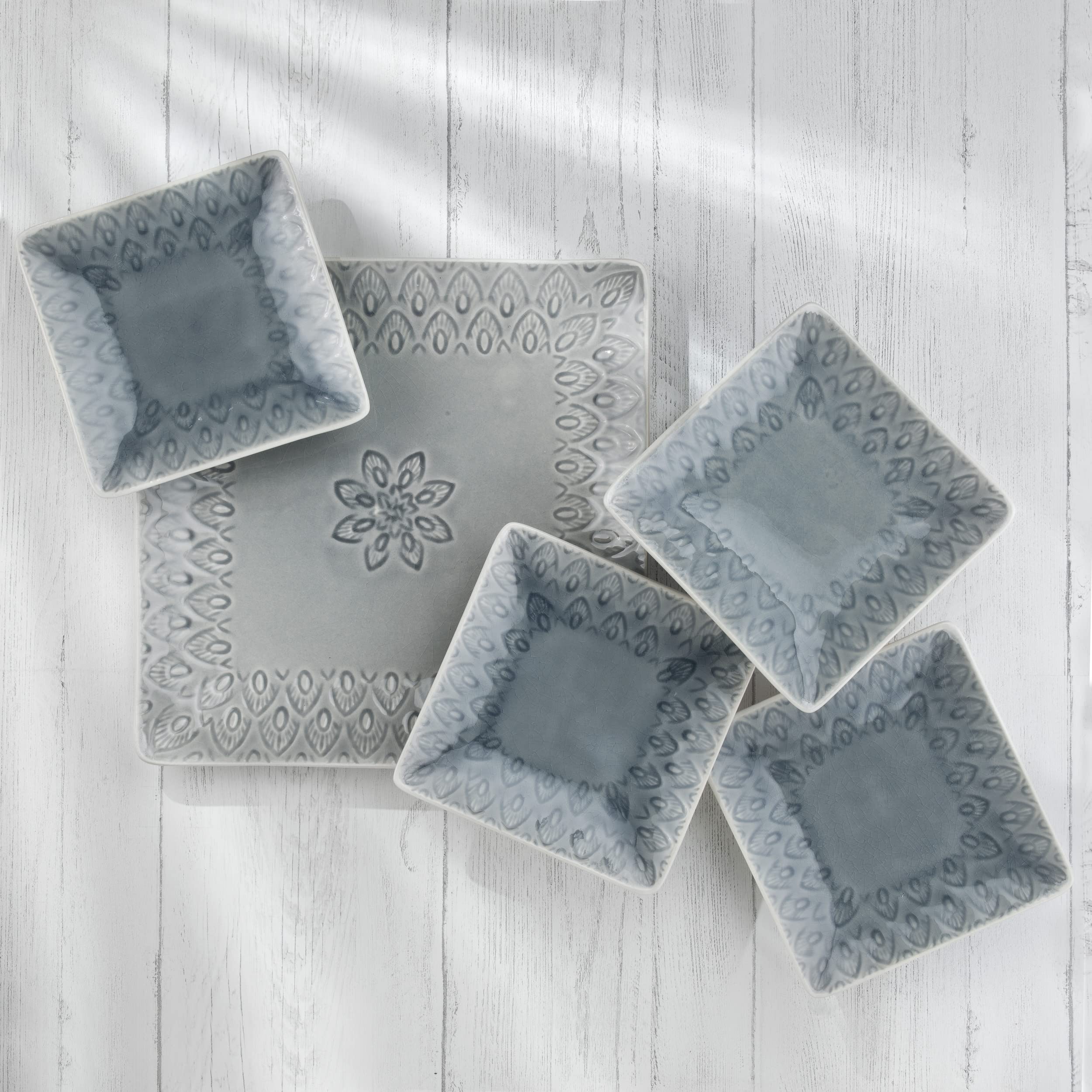 Euro Ceramica Peacock Stoneware 4-Piece 6.5''Square Appetizer Plate Set,Grey (PK-18512GRY)