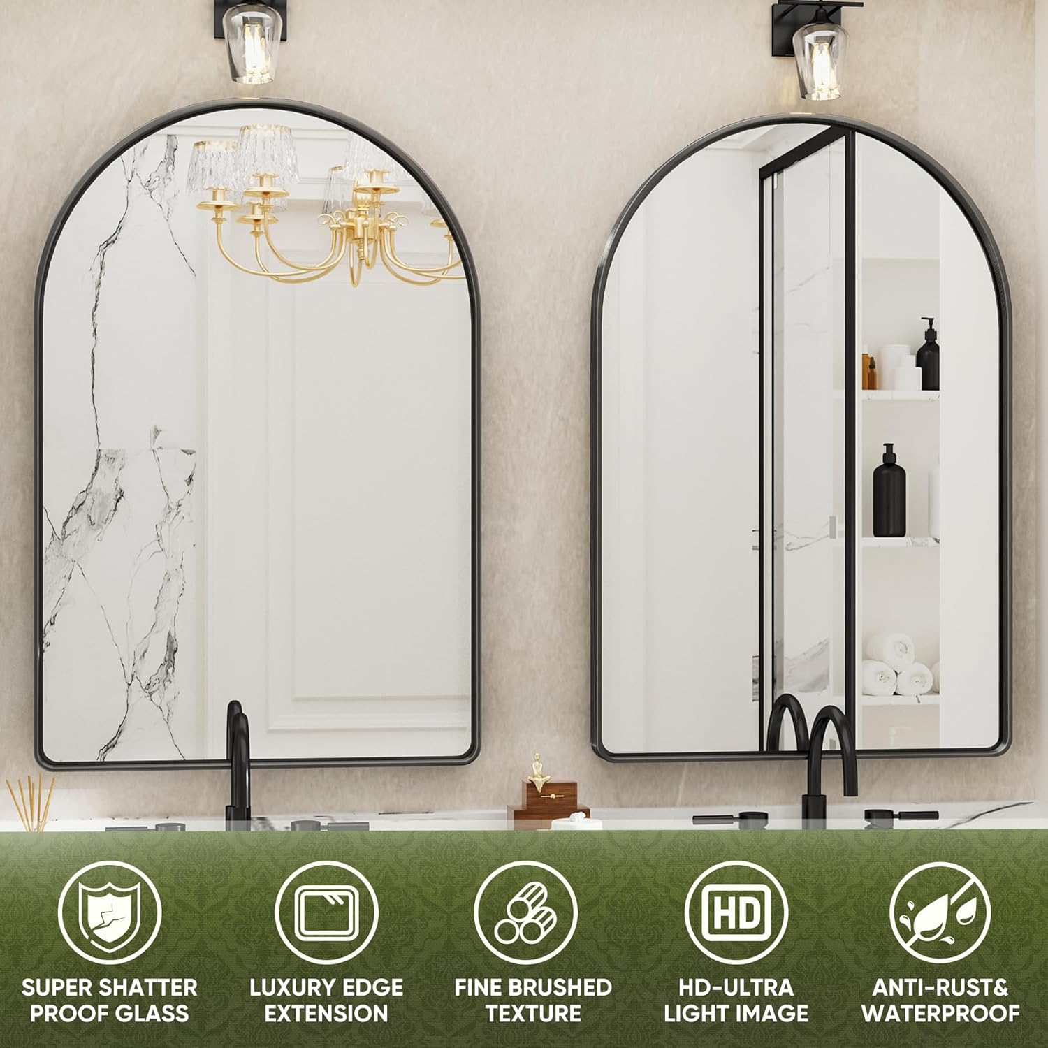 Suidia 24 x 36 Bathroom Mirror, Bathroom Vanity Mirror Metal Framed, Wall-Mounted Mirrors for Bedroom, Living Room, Entryway, Hallway, Black, Arch Style