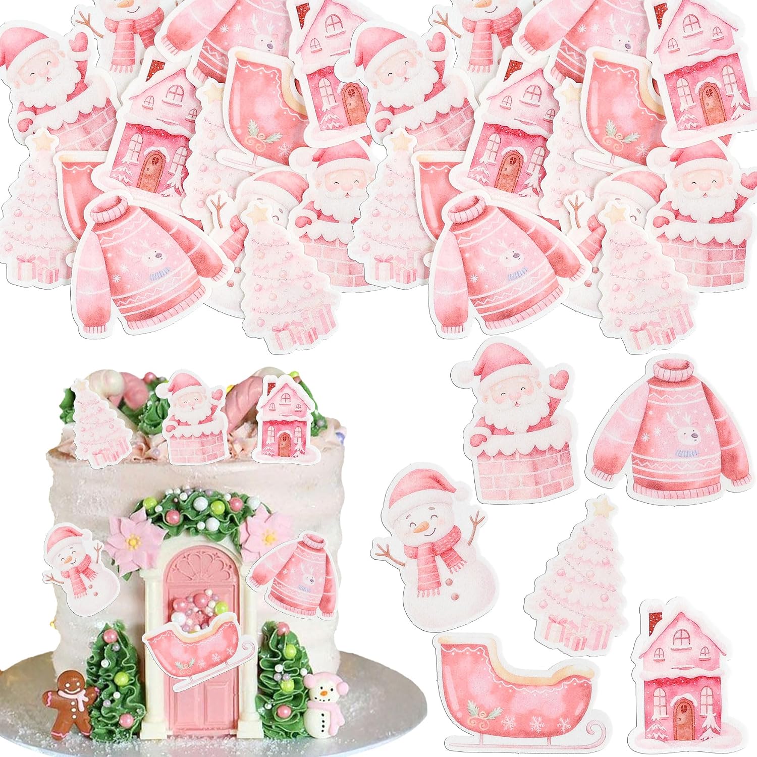 Ephlyn 48Pcs Christmas Cupcake Toppers Cute Snowman House Santa Claus Cupcake Picks for Xmas Holiday New Year Holiday Baby Shower Kids Birthday Party Supplies Pink