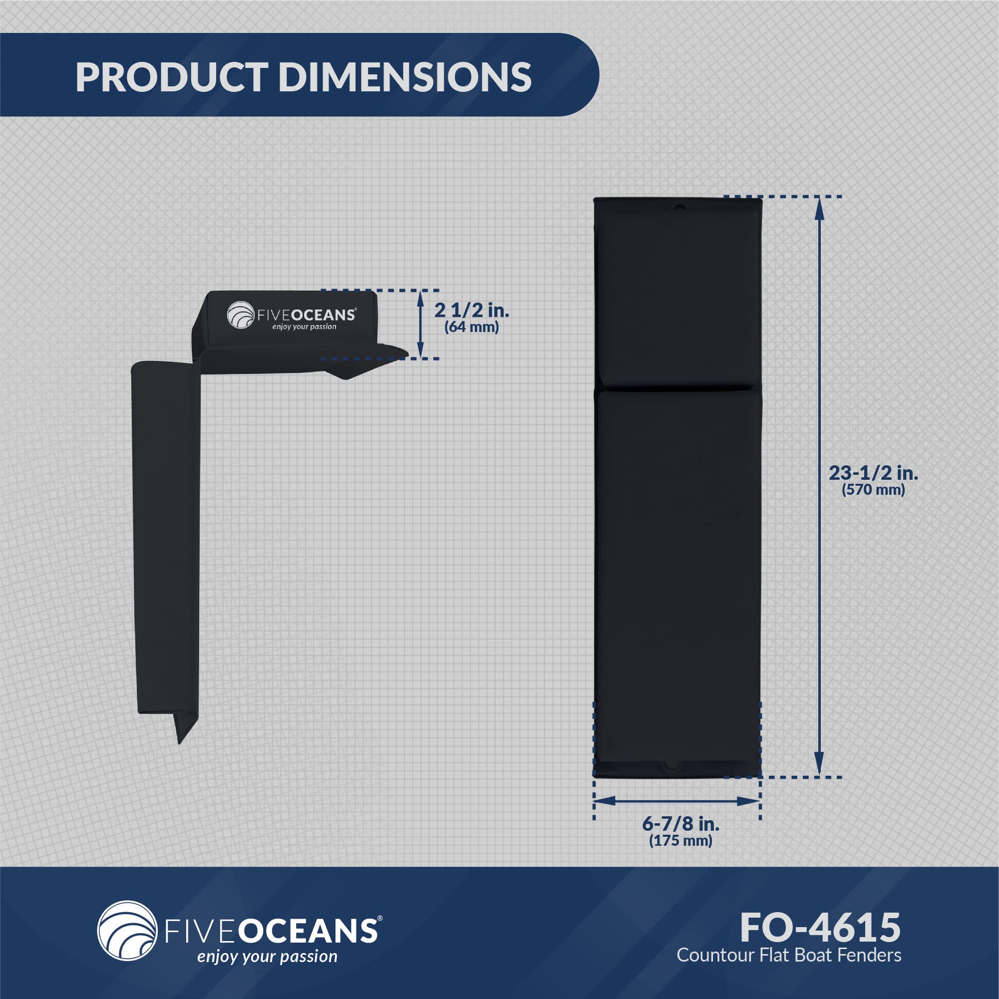Five Oceans Contour Flat Boat Fender (Bumper), 2Pack, with Two (2) 3/8