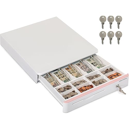 Cash Register Drawer for Point of Sale POS System with Round Corners 16", Removable Coin Tray, 5 Bill 8 Coin, 24V RJ11/12 Key-Lock Media Slot, Money Drawer for Business, Pink Bar/White