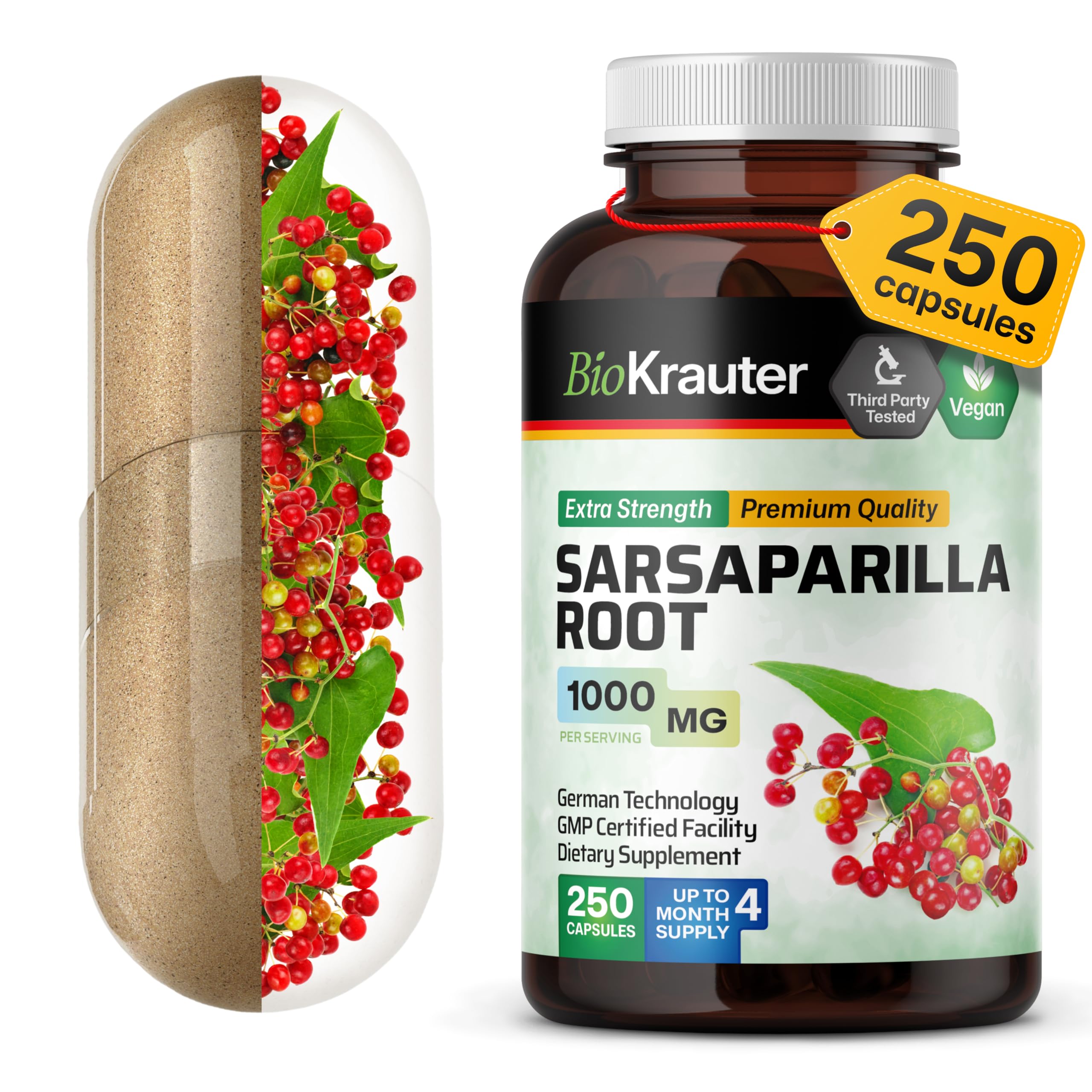 BIO KRAUTER Sarsaparilla Root Capsules - 1000 mg Strength - 250 Vegan Sarsaparilla Extract Caps - No Fillers