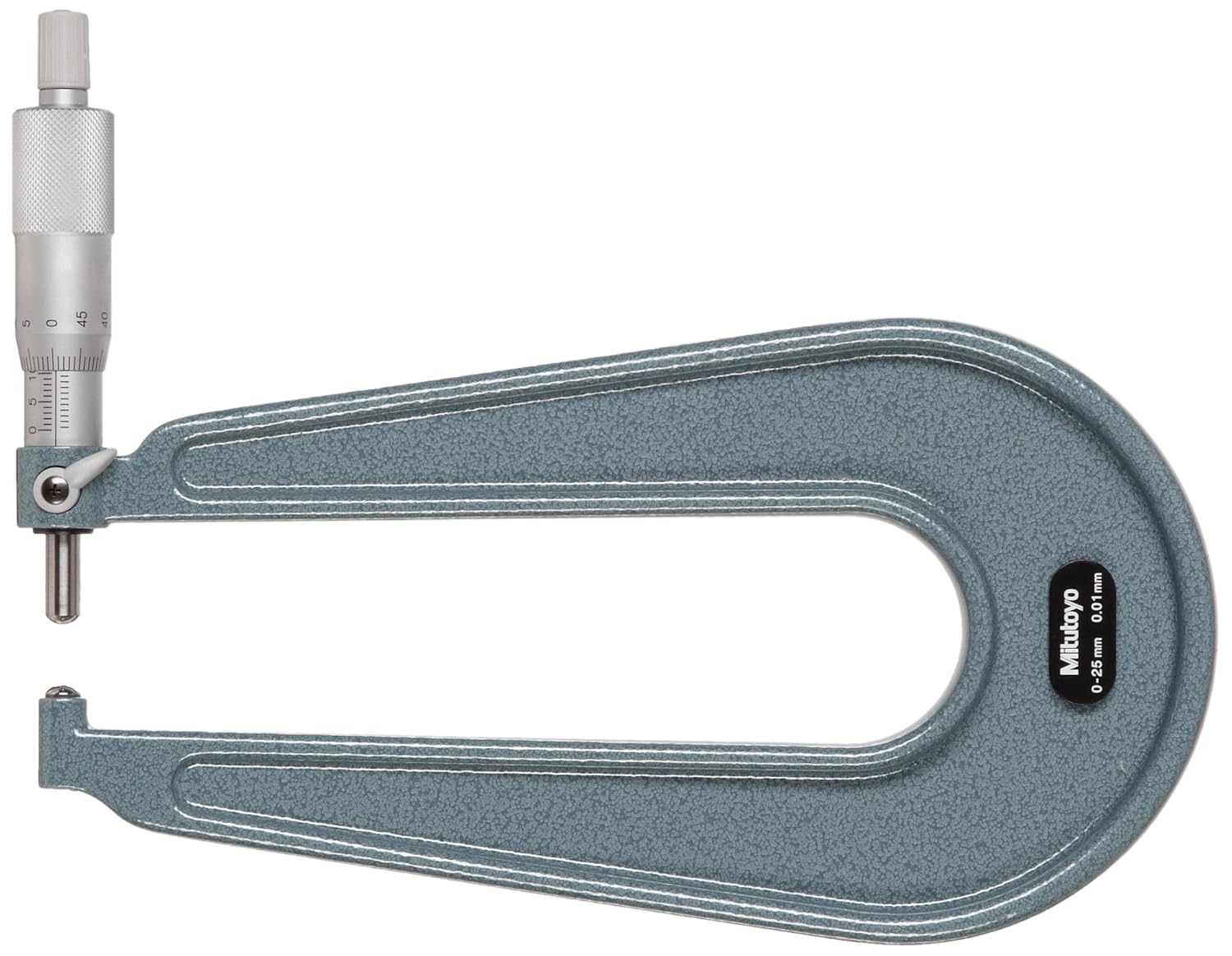 Mitutoyo 118-102 Sheet Metal Micrometer, Ratchet Stop, 0-25mm Range, 0.01mm Graduation, +/-0.004mm Accuracy, 160mm Throat Depth