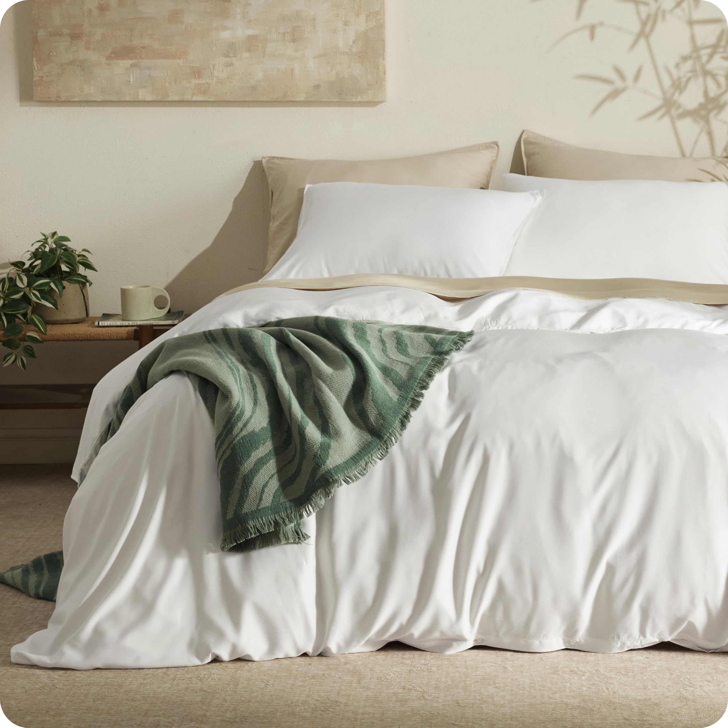 Bedsure 100% Organically Grown Bamboo Viscose Duvet Cover Set Queen Size | Cooling Bedding Set for Hot Sleepers | PureWoven Luxury Silky Soft | No Insert | 2 Pillow Shams (White, 90"x90")