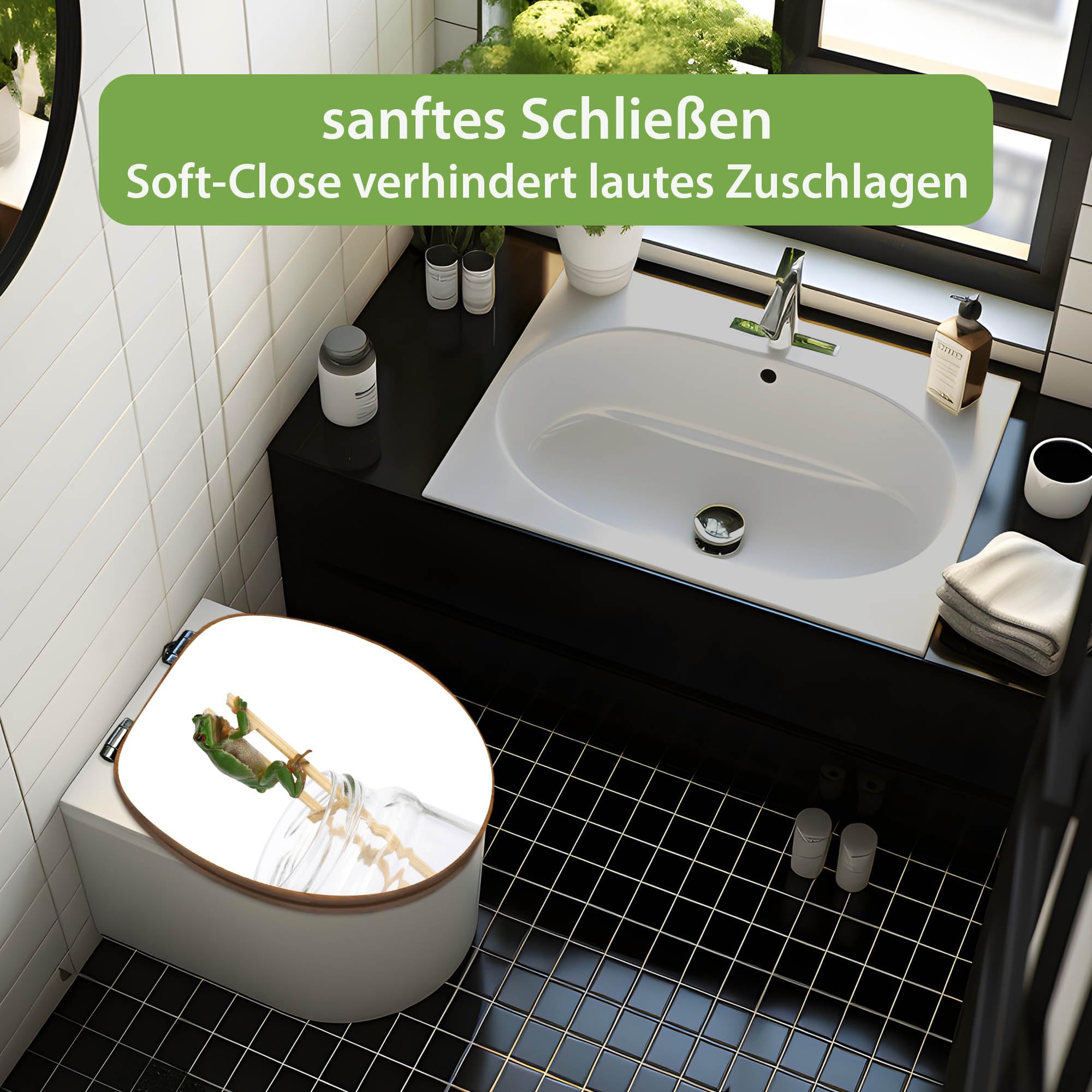 banjado Design WC Sitz Bambus Absenkautomatik 45,8x37,5cm - Toilettendeckel mit Absenkautomatik Holz - hochwertiger Bambus Klodeckel - WC-Sitz für gängigen Toiletten - Motiv Wetterfrosch