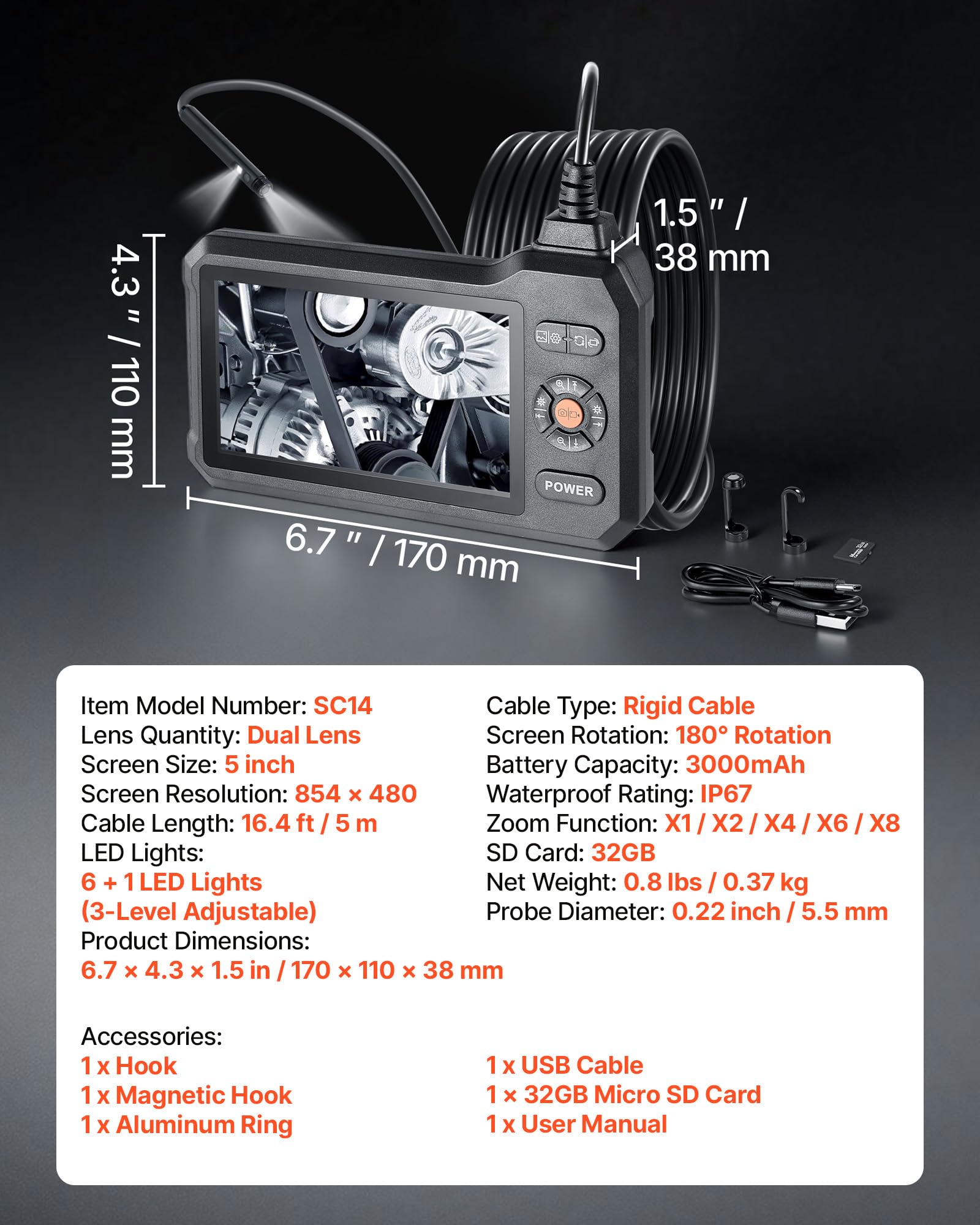 VEVOR Endoscopio de Doble Cámara, Cámara de Inspección con Pantalla IPS, Sonda de 5,5 mm, Batería 3000 mAh, Cable de 5 m, 32 GB, Luces LED, Zoom 8X para Motores, HVAC, Tuberías, Automoción, Fontanería