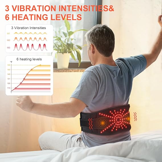 Lower Back Heating Pad with Massager for Back Relaxation, Cordless Heated Back Brace Vibration Wrap with 6 Heat & Timer, Heating Support Belt for Lumbar - Gifts for Mom & Dad