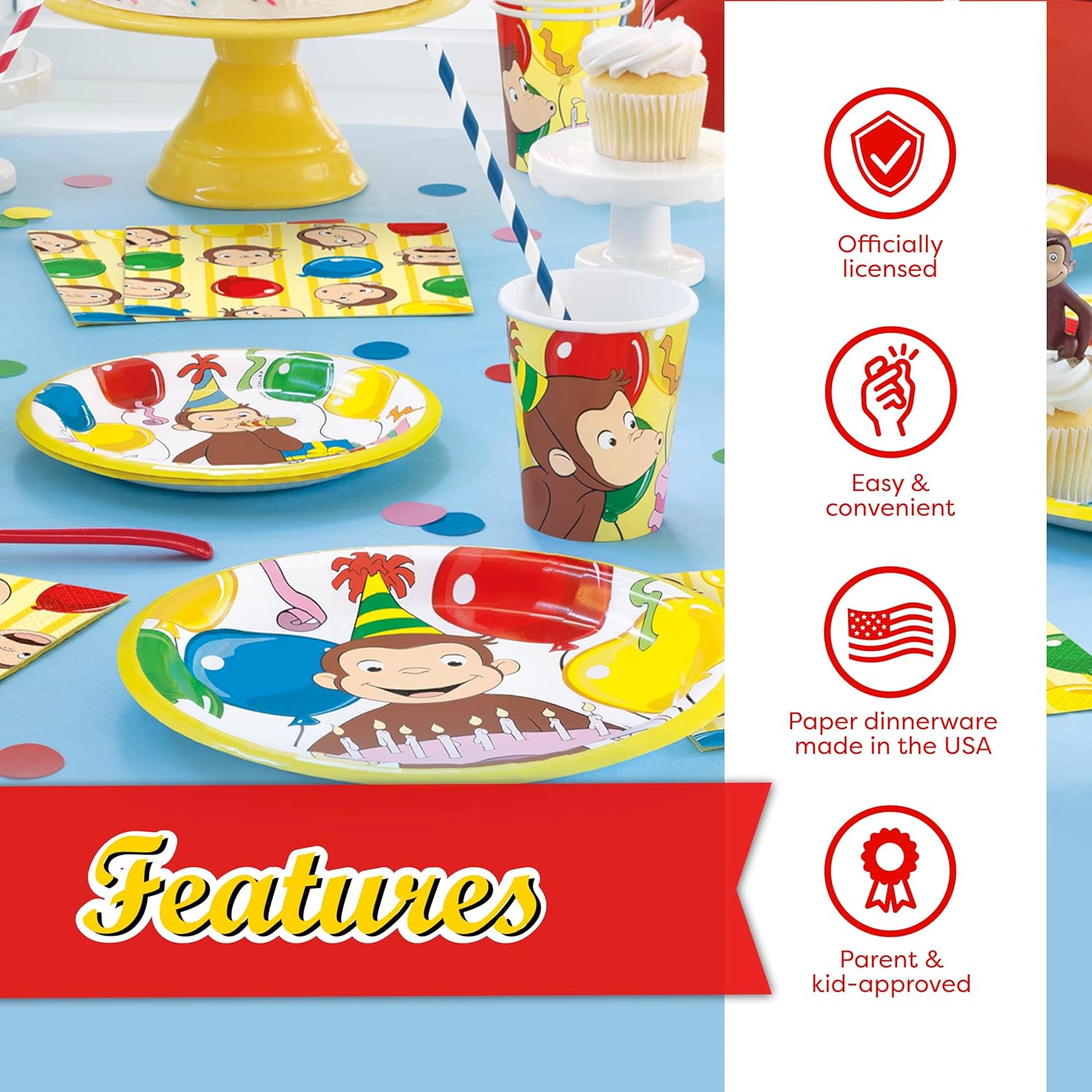 Curious George Birthday Decorations | Curious George Party Supplies | Officially Licensed | Serves 16 Guests | Curious George Plates, Napkins, Banner, Tablecloth, Sticker
