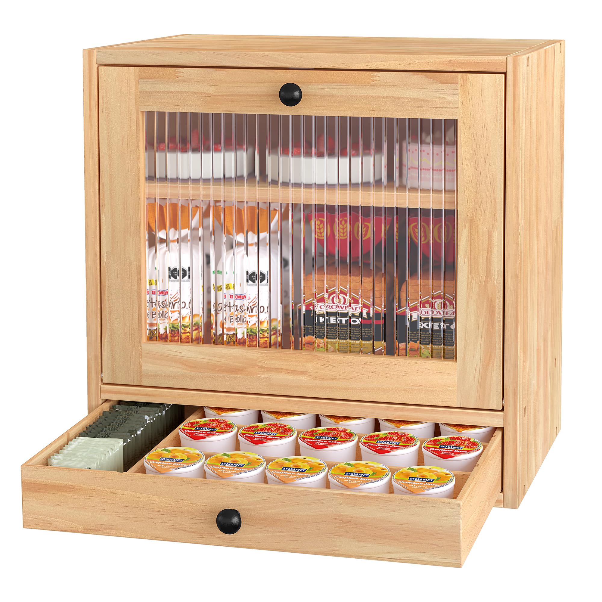 Alpeir Scatola per pane per piano di lavoro della cucina, grande contenitore angolare per pane, cestino per pane in legno a 3 livelli, ripiano per dispensa con finestra in acrilico (originale)