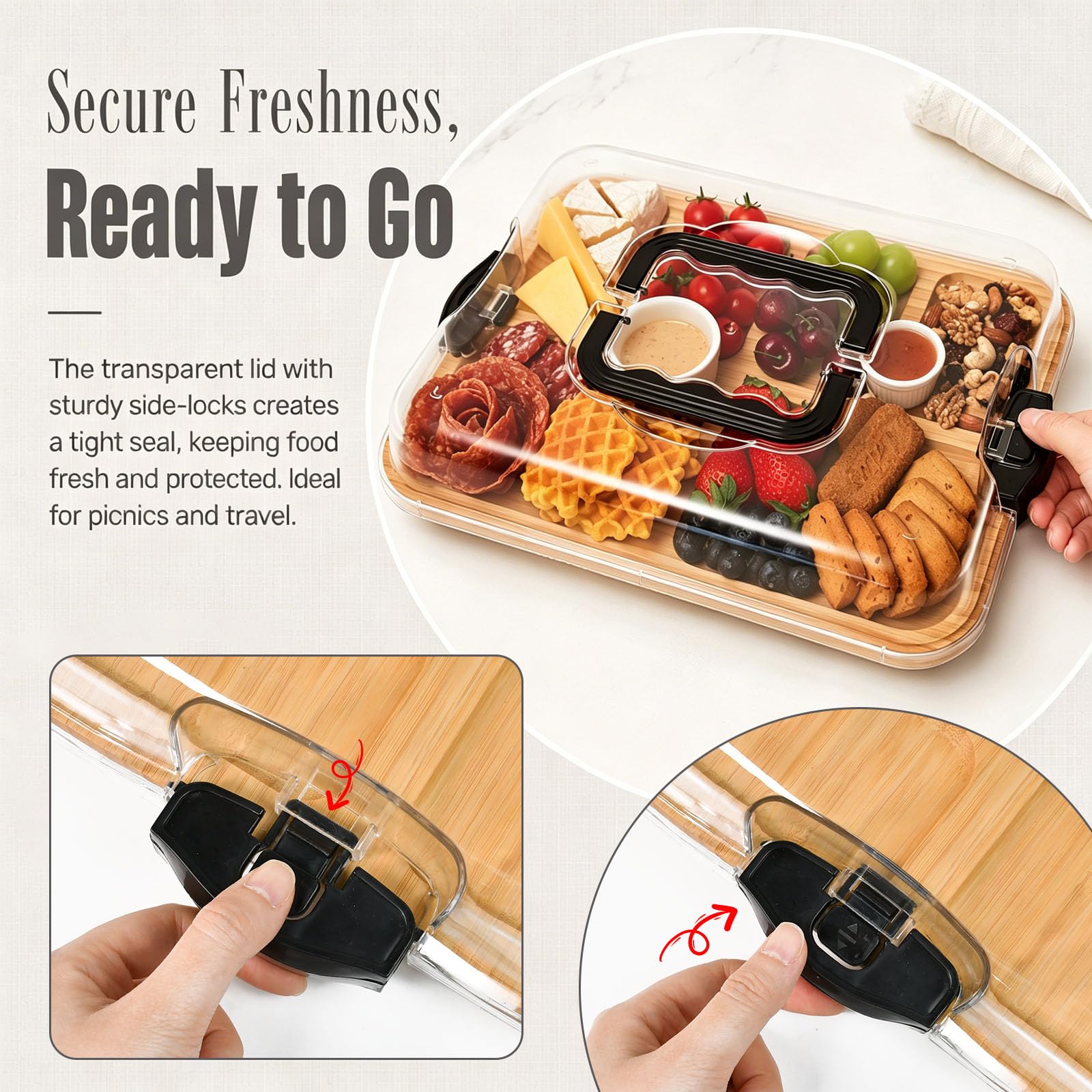 Planche à Fromage en Bambou avec Couvercle Planche de Charcuterie avec Couvercle avec 4 Couteaux + 4 Fourchettes Plateau à Fromage en Bambou pour Apéro, Pique-Nique, Tapas – Idée Cadeau