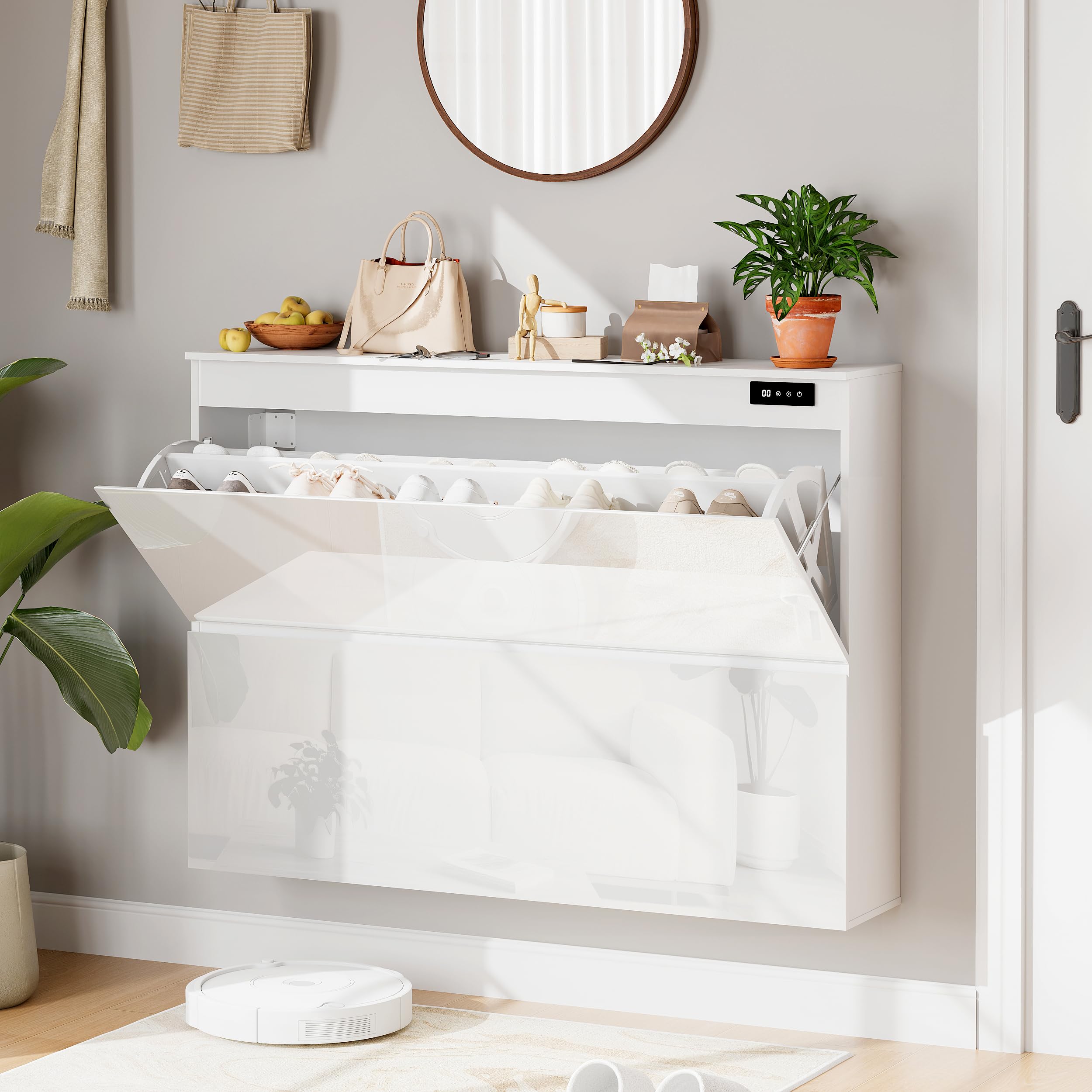 Schuhschrank mit Ozon-Desodorierung & Staubschutz, Geschlossener Antibakterieller Schrank, Wand- und Standmontage für Eingang, Einstellbare Zyklusmodi, Weiß