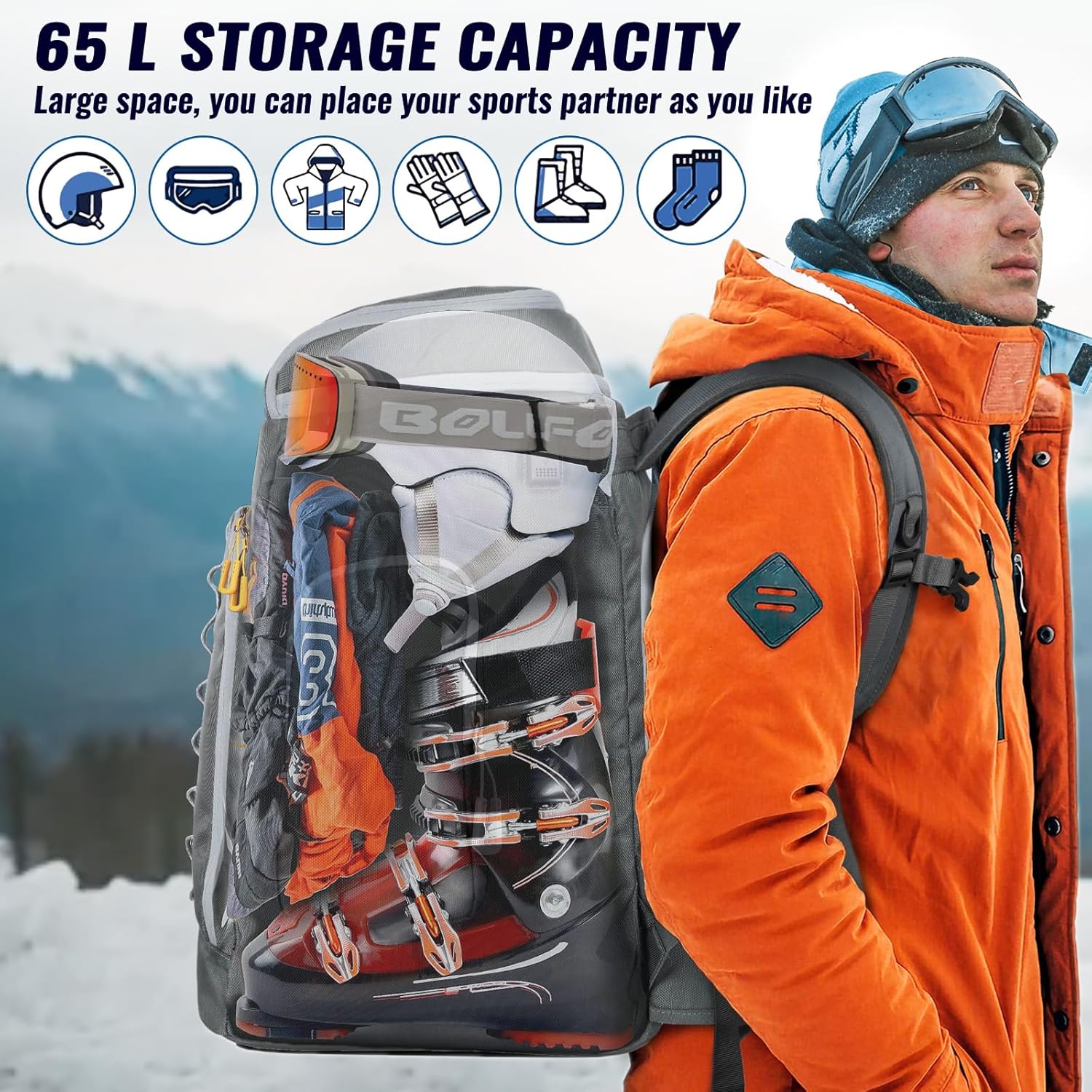 ski boot bag, 65l durable travel backpack, 1680d nylon waterproof snowboard boot bag, skiing and snowboarding travel luggage for helmet, goggles, gloves, outerwear & accessories grey