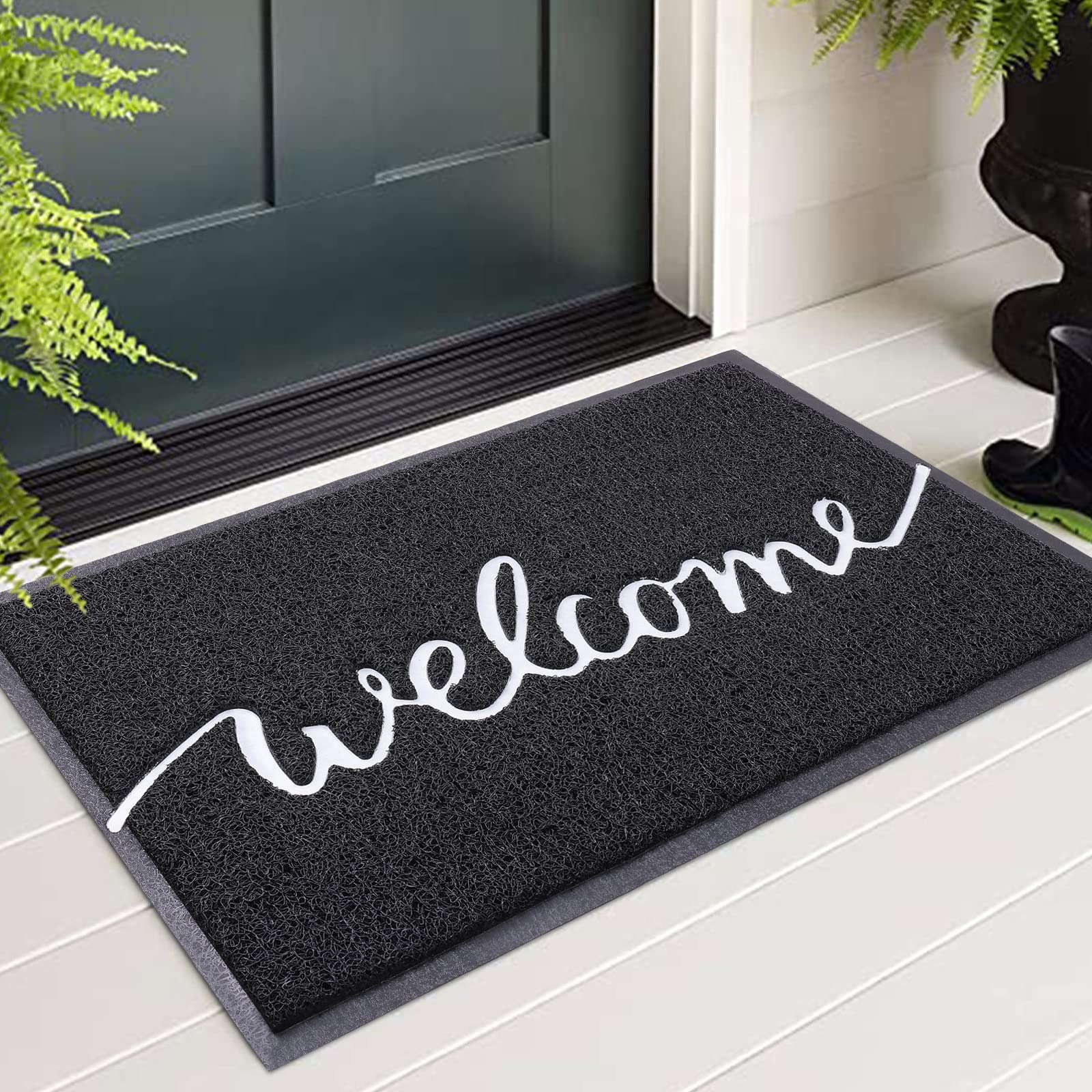 OLANLY“Welcome” Door Mat, Non-Slip Doormats, Low Profile Durable Door Mat for Indoor Entrance, Patio and Front Back Door, 44x76 cm, Black