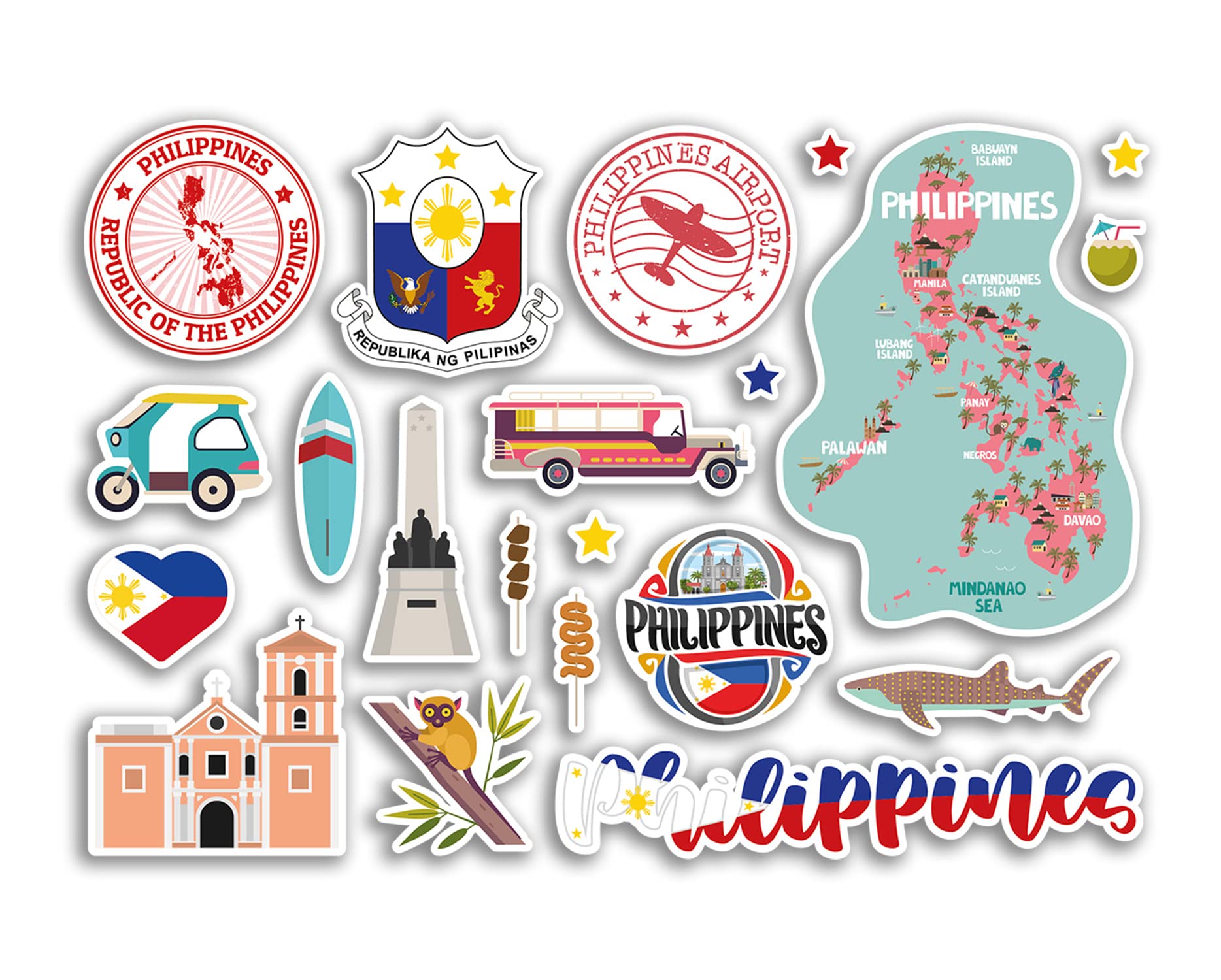 A5 Sticker Sheet Philippines Vinyl Stickers - Asia Country Landmarks Holiday Stamp Summer Map Flag Travel City Luggage Scrapbooking #79022