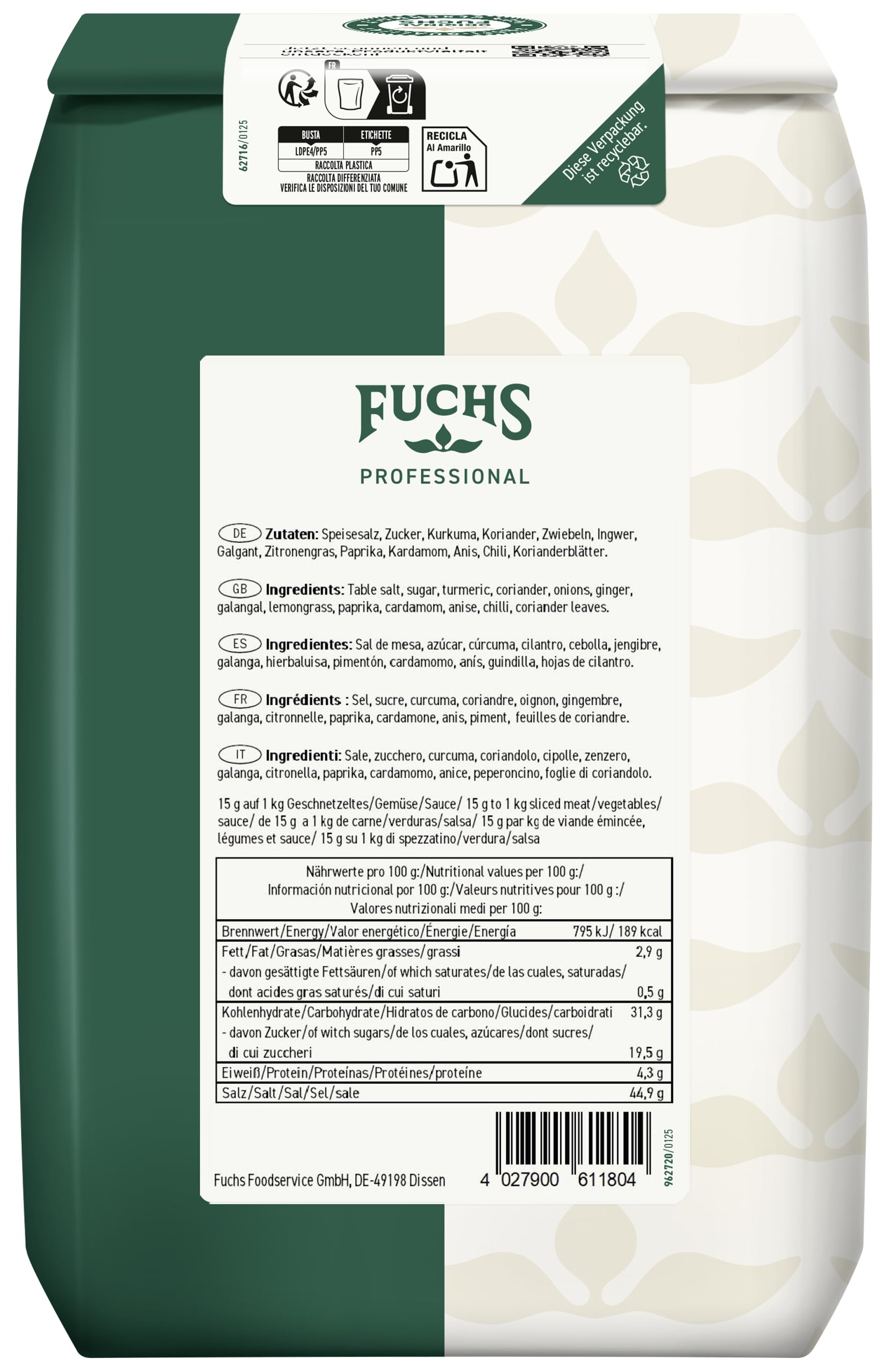 Fuchs Professional - sal para condimentar Asia y wok | 1,5 kg en bolsa reciclable | Condimento para platos aromáticos de wok | Calidad profesional para consumidores a granel