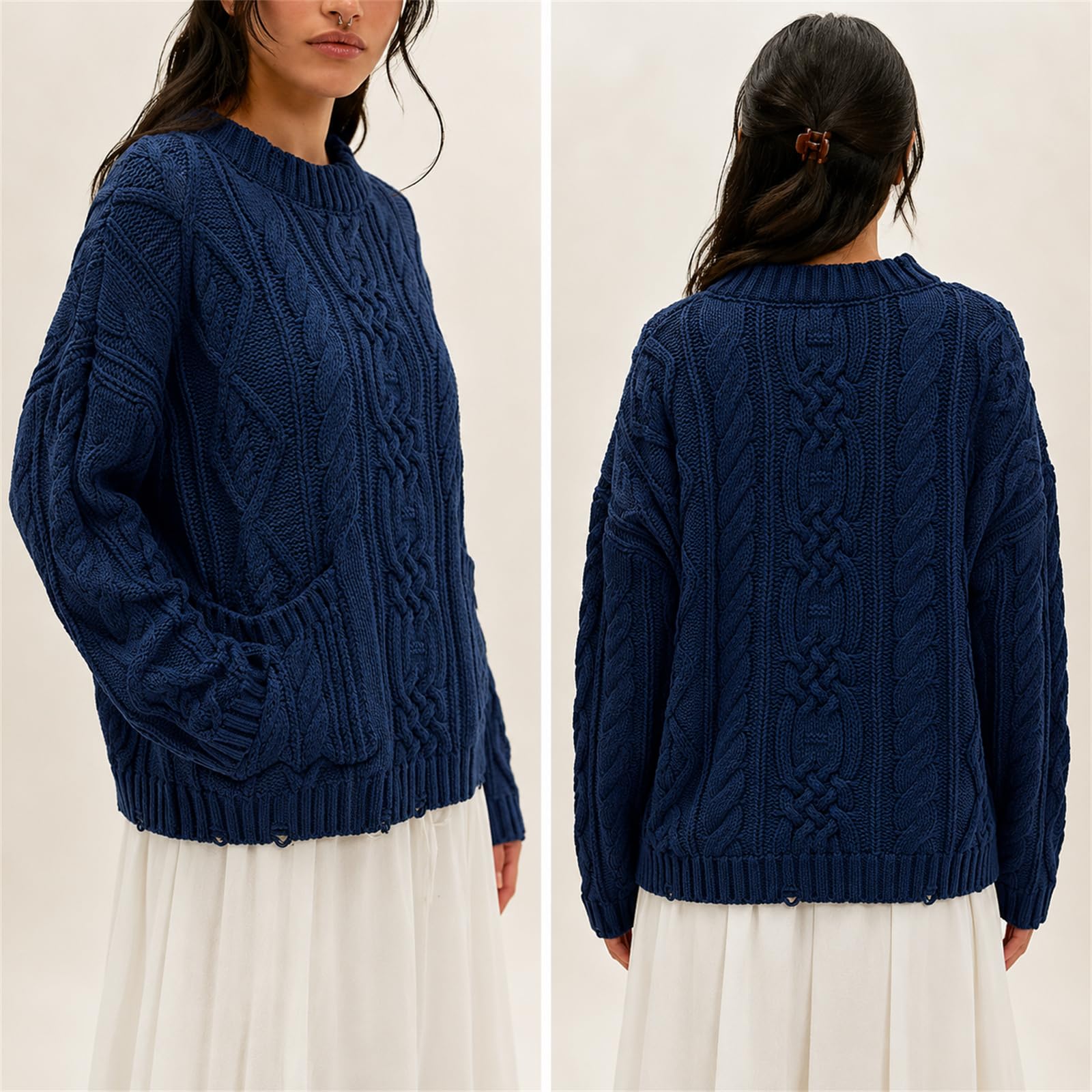 Maglione da donna oversize a maglia grossa con motivo a treccia, scollo