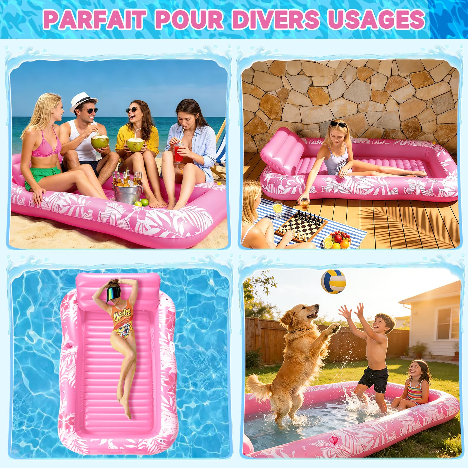 Matelas Gonflable Piscine avec Arroseur, Hamac Gonflable Piscine avec Coussins Et Porte-Gobelets, Imprimé Matelas De Bronzage 210 * 130 cm pour Piscine, Jardin, Pelouse Et Plage