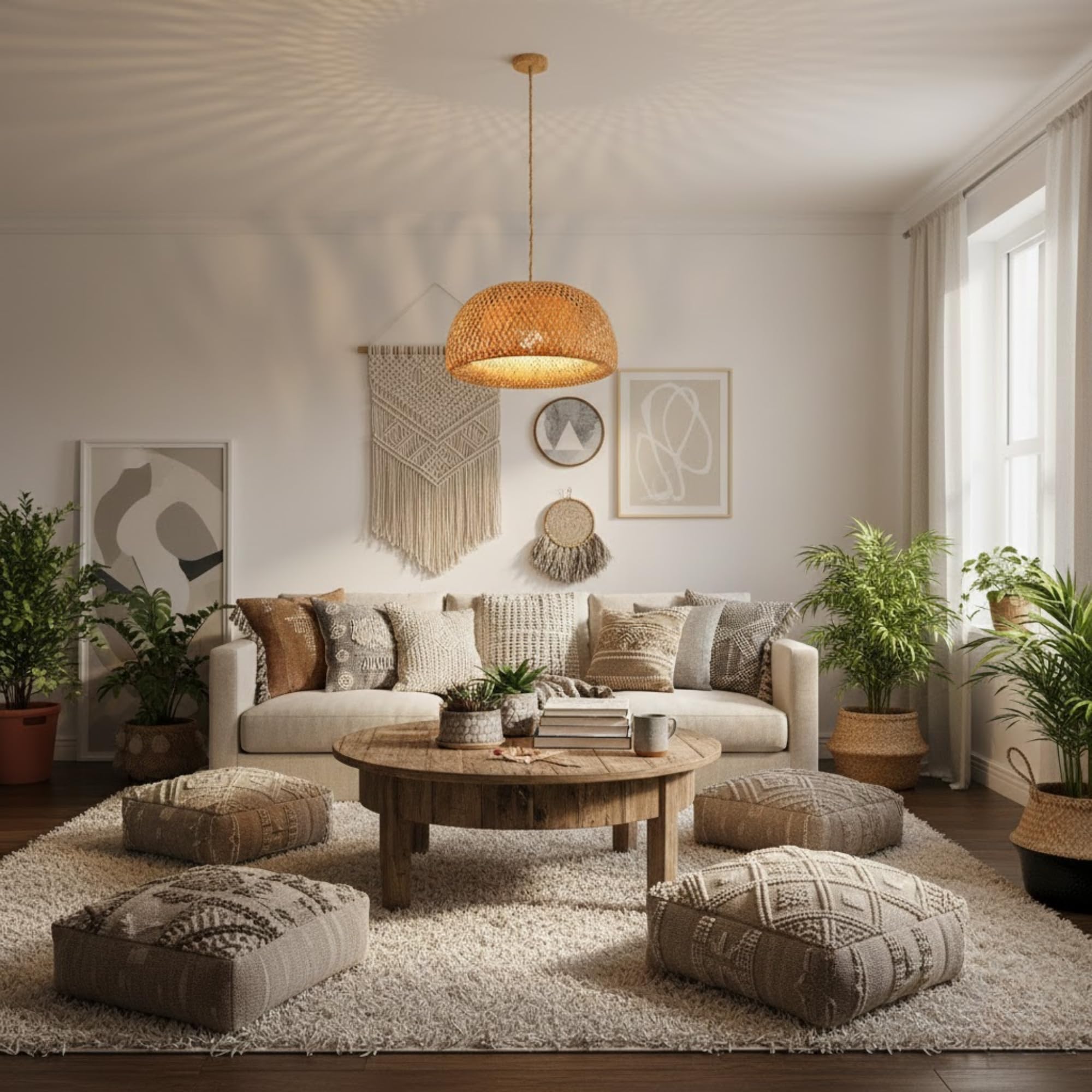 BARCELONA LED - Lámpara colgante de mimbre Hanna. Estilo Boho Rústica – Pantalla artesanal natural, Cable ajustable de Cuerda – Lámpara colgante para isla cocina, dormitorio, comedor o salón