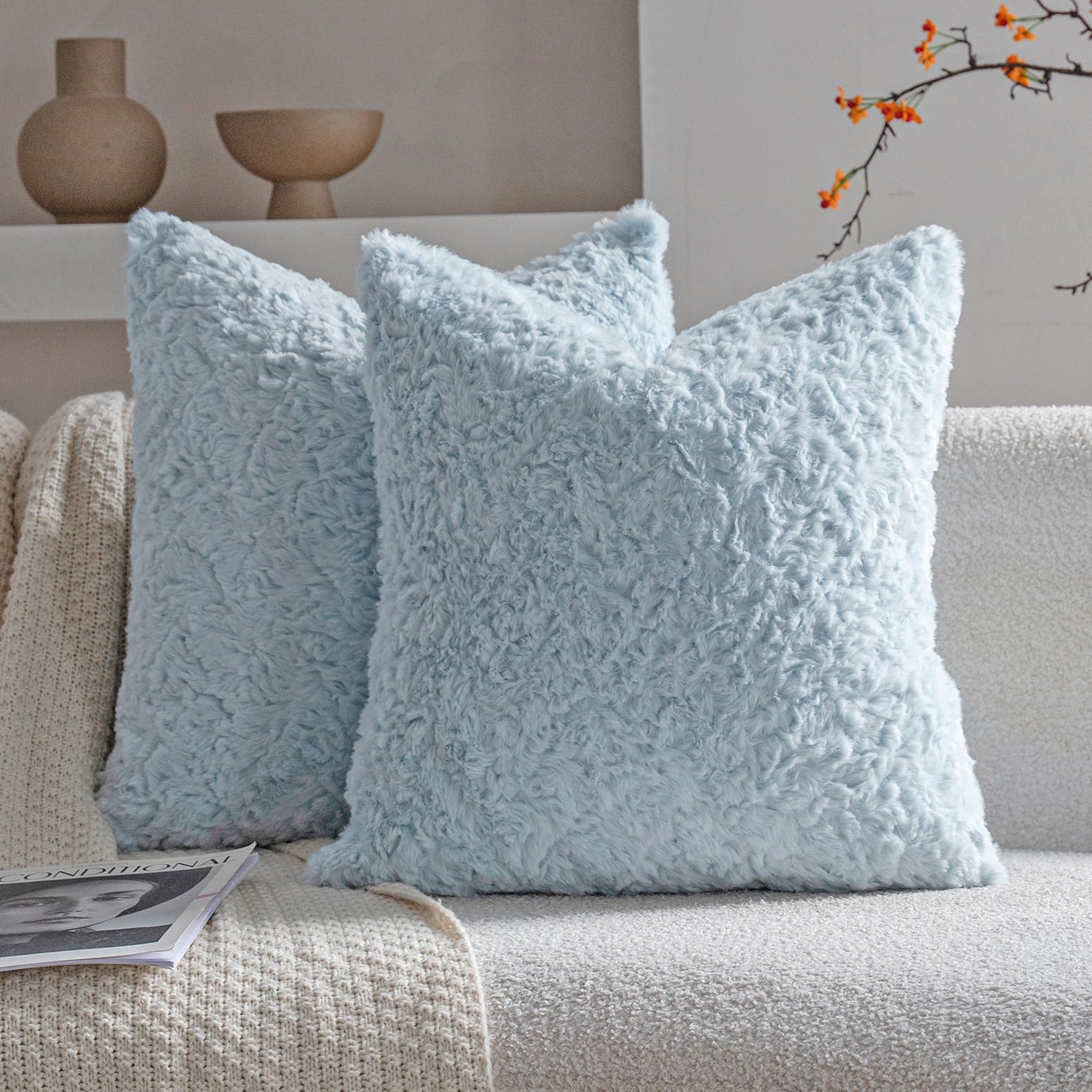 Neelvin 2er Set Kissenbezug Kunstpelz Pelz Plüsch Dekorative Kissenbezüge Sofakissen Kuschelig weich Couchkissen Dekokissen für Couch Sofa Wohnzimmer Schlafzimmer blau 60 x60 cm