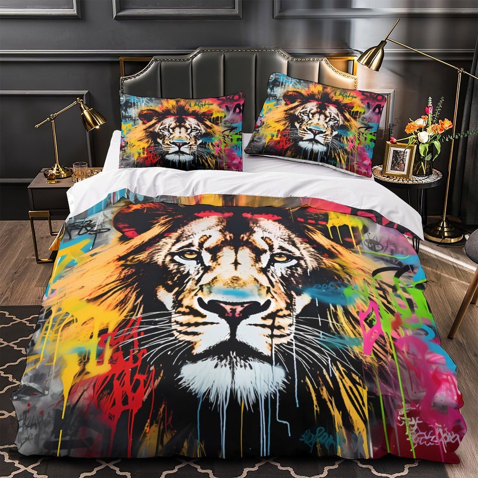 Parure de lit lion street art en microfibre 135x200 pour chambre d'ado