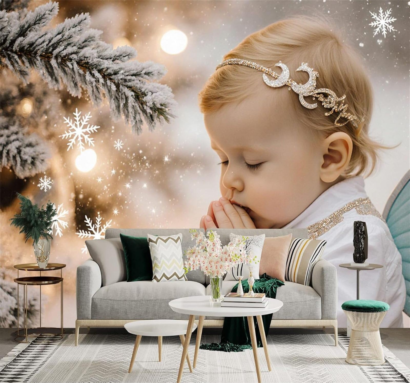 Xlming 150Cm×105Cm(B×H) Winter Snowflakes Pine Branches Warmth Golden Light 3D Wallpaper Premium Textured Silk Study Dining Living Room Bedroom Sofa Tv Wall Easy Install-150Cm×105Cm