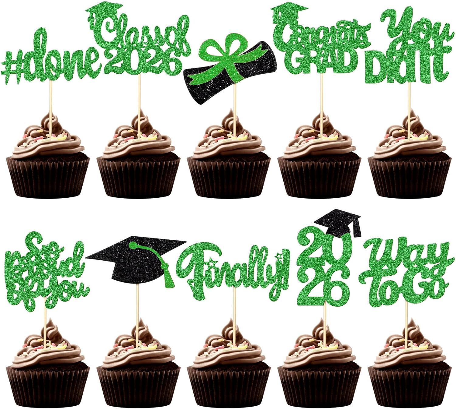 FoldTier Graduation Decorations 2026 100 Pcs Graduation Cupcake Toppers Congrats Grad Class of 2026 Cupcake Picks Toppers Diploma Supplies for Party Decorations(Green)