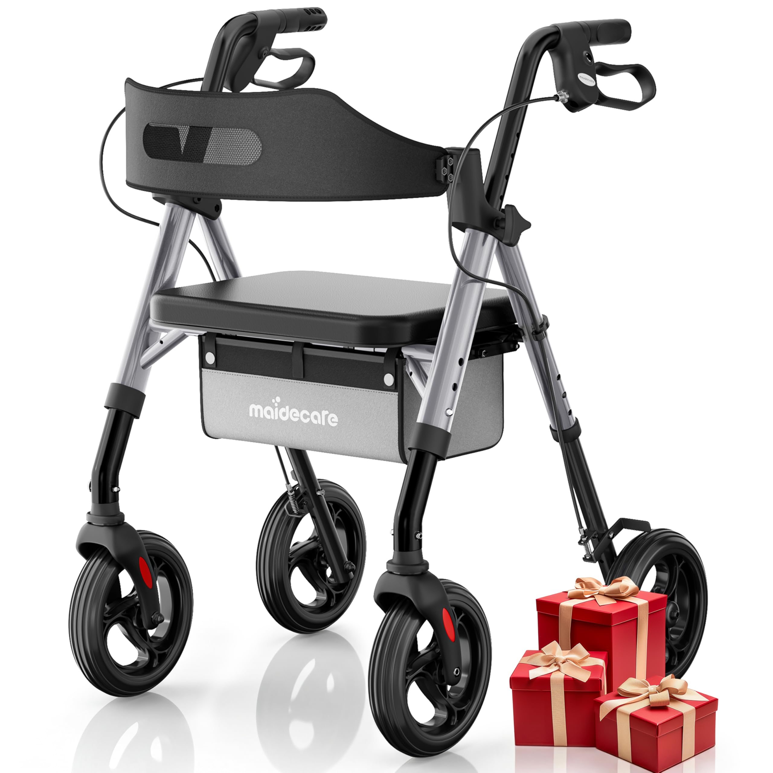 Lekki składany chodzik dla dorosłych 4 koła z siedziskiem, wąski model do mieszkania, rollator z regulacją wysokości siedziska i kierownicy, koła 8" terenowe, gwiaździste srebro