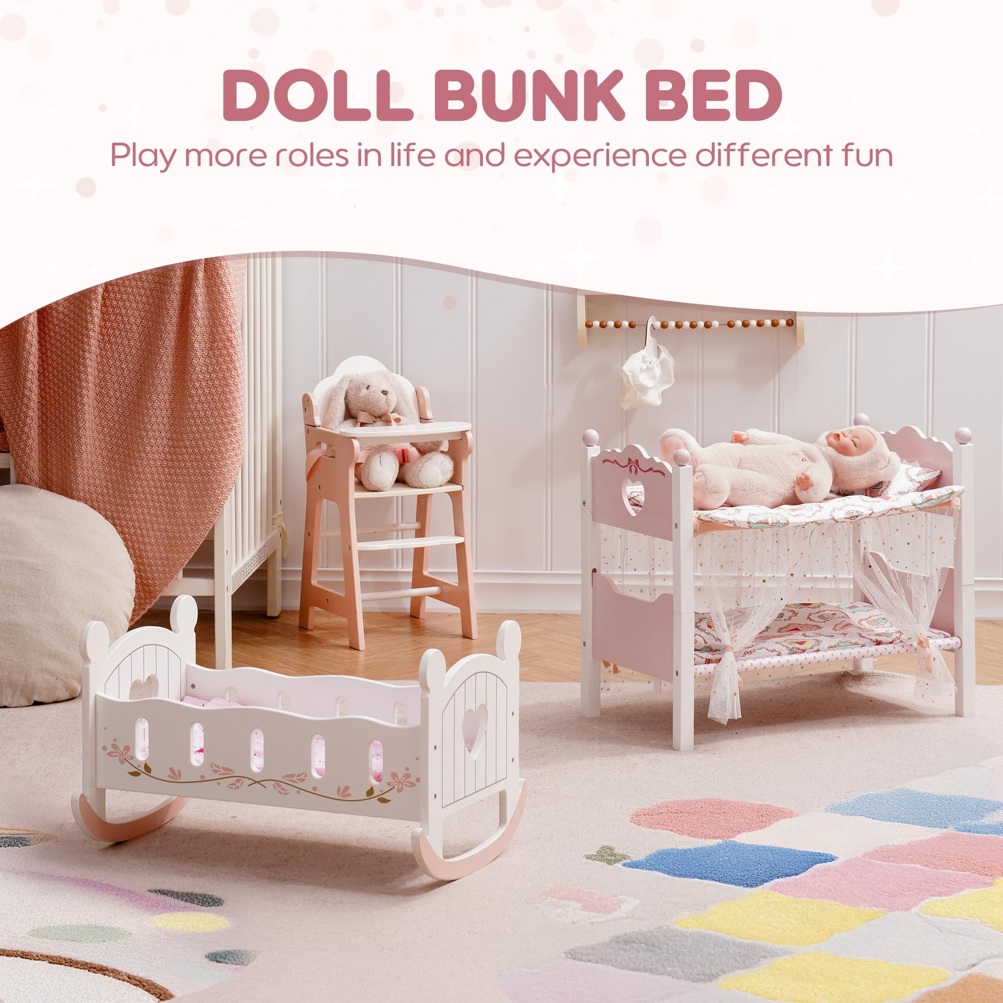 Literas de muñeca de bebé, cuna de madera para muñecas con cortina estrellada, cuna de juguete apilable para muñecas de 18 pulgadas, juego de cama para muñecas con accesorios de cama, para 7