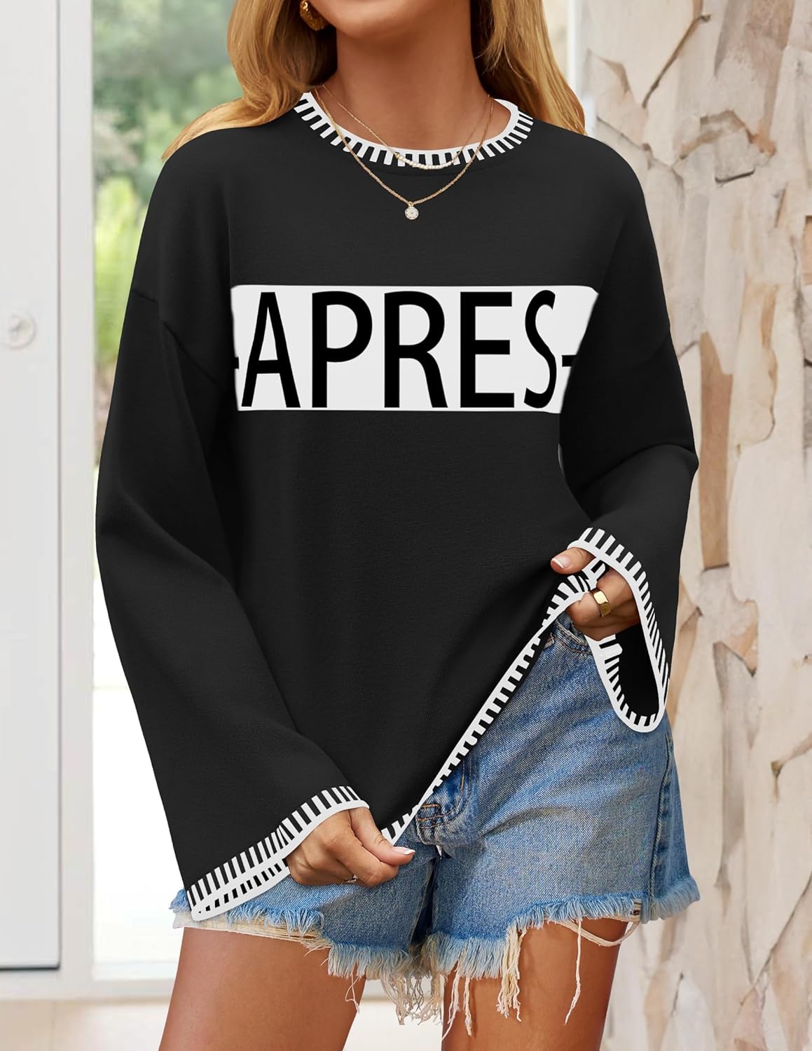 Sweaters for Women Crewneck Long Sleeve Contrast Pullover Graphic Chic Stitch Style Sweater Pullover Jumper Tops - Image 3