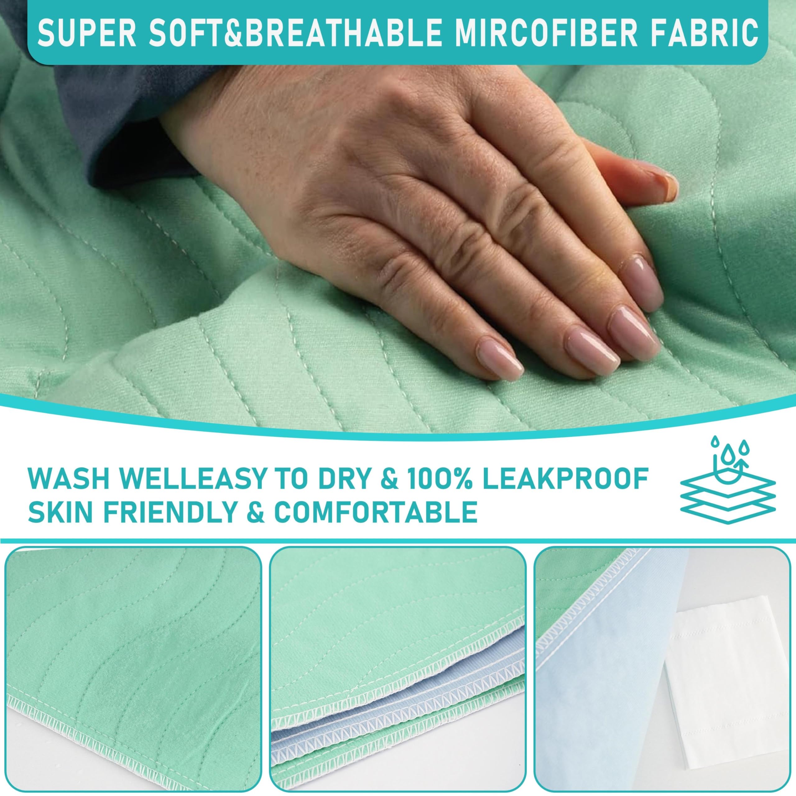 Lot de 4 draps lavables et imperméables pour incontinence, vert, 91 x 97 cm | Tapis de protection réutilisable pour adultes, enfants, personnes âgées, animaux domestiques, etc