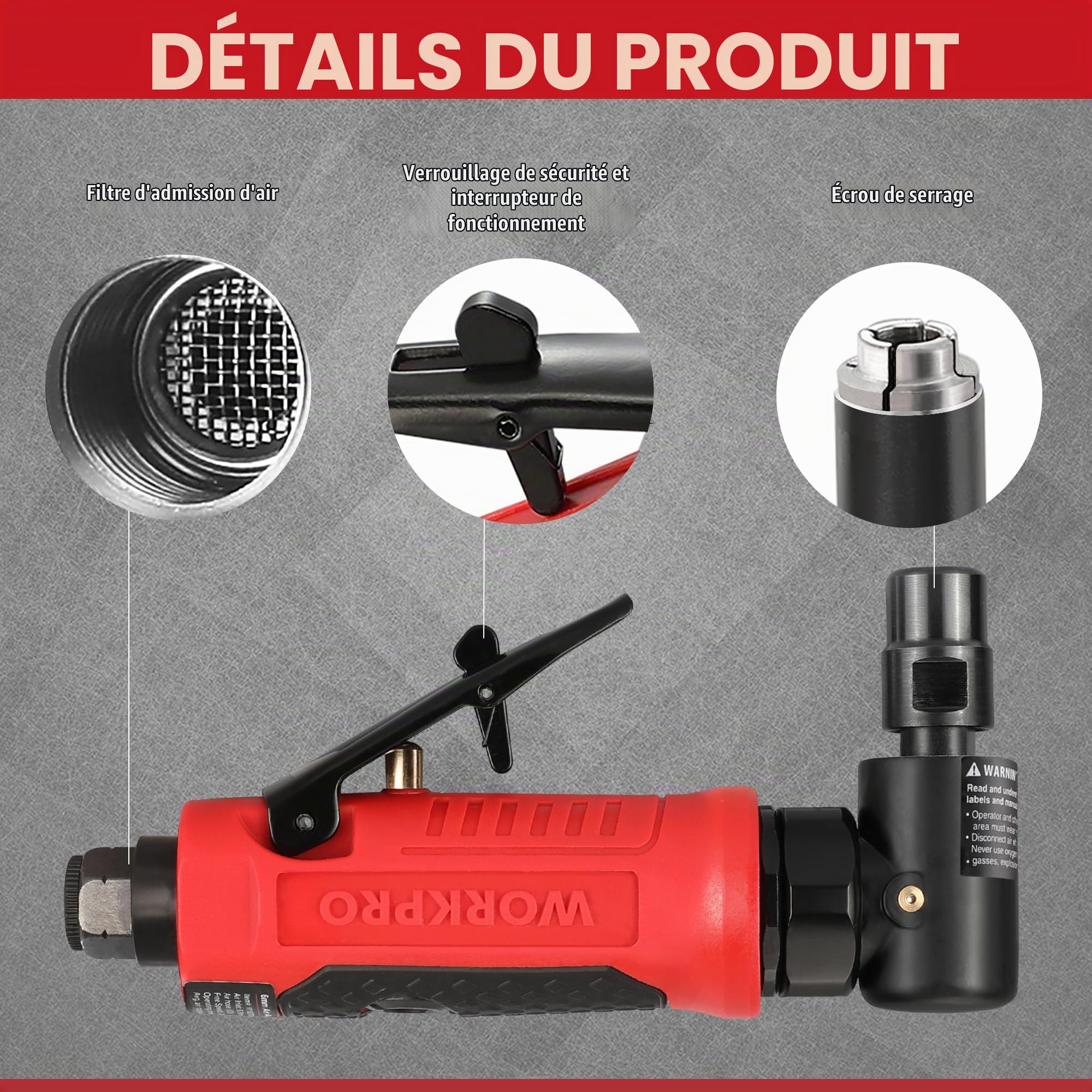 WORKPRO Meuleuse d'Angle à Air 6,3 mm (1/4") Multifonctionnelle
