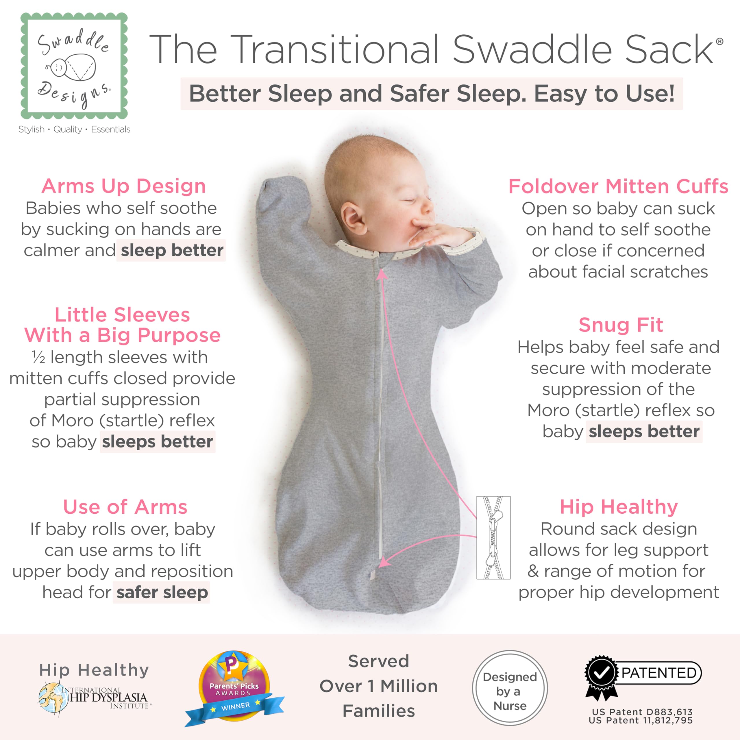 SwaddleDesigns Übergangs-Pucksack Baby, Pucktuch & Puckschlafsack für Neugeborene mit Arme-nach-Oben-Design, halblangen Ärmeln & Fäustling-Bündchen