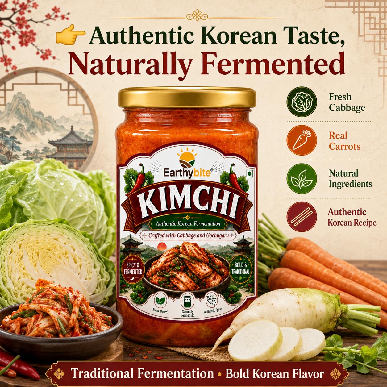 Earthy Bite Authentic Korean Kimchi 250g Premium Fermented Cabbage with Carrot | Spicy & Tangy Superfood Rich in Probiotic-Rich Gut Support | Vegan, Plant-Based Healthy Pickled Side Dish 1