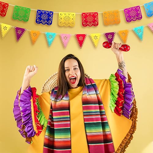 Vista 25 de Paquete de 10 caminos de mesa de sarape mexicano, 29 pancartas de papel picado, bandera colgante de fiesta y banderín colorido para fiestas Rojo