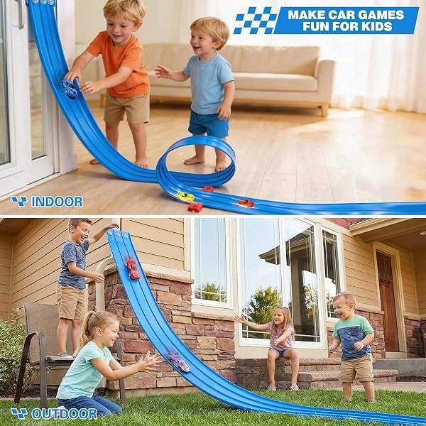 Flexible Autorennbahn Kinder, 3-Spur 5M Rennbahn Inklusive 6 Autos, Autorennbahn Race Car Track für 1/64th Autos, Hot Wheels Bahn Geschenke für 3 4 5 6 7 8 Jahre Jungen Mädchen - 3