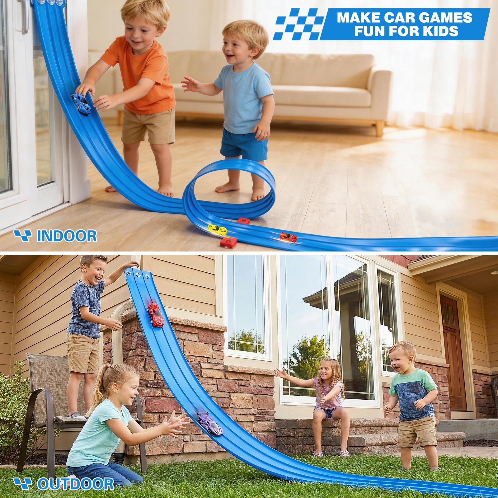 Flexible Autorennbahn Kinder, 3-Spur 5M Rennbahn Inklusive 6 Autos, Autorennbahn Race Car Track für 1/64th Autos, Hot Wheels Bahn Geschenke für 3 4 5 6 7 8 Jahre Jungen Mädchen